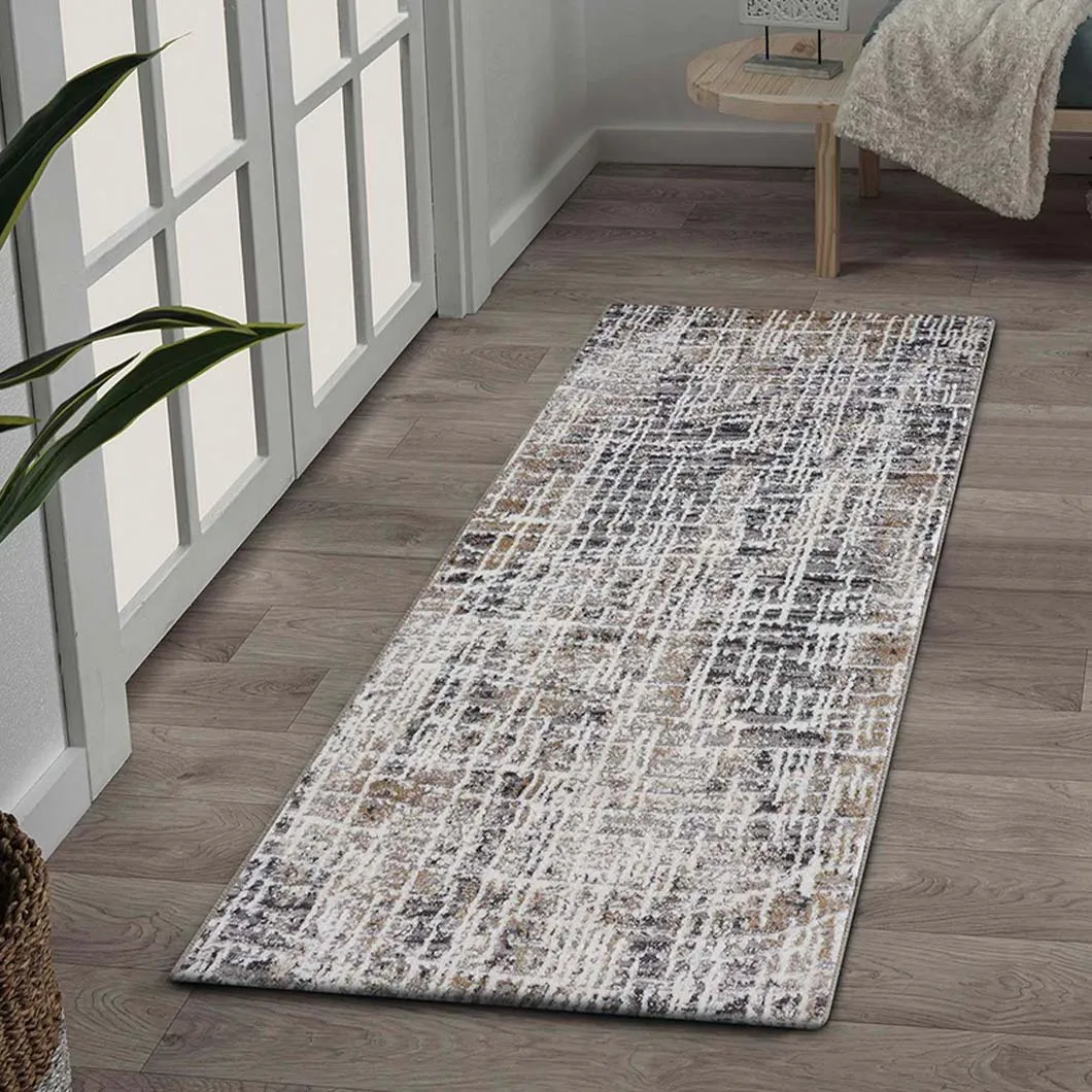 Abstract Beige Bedside Beige and Charcoal Polypropylene Floor Runner