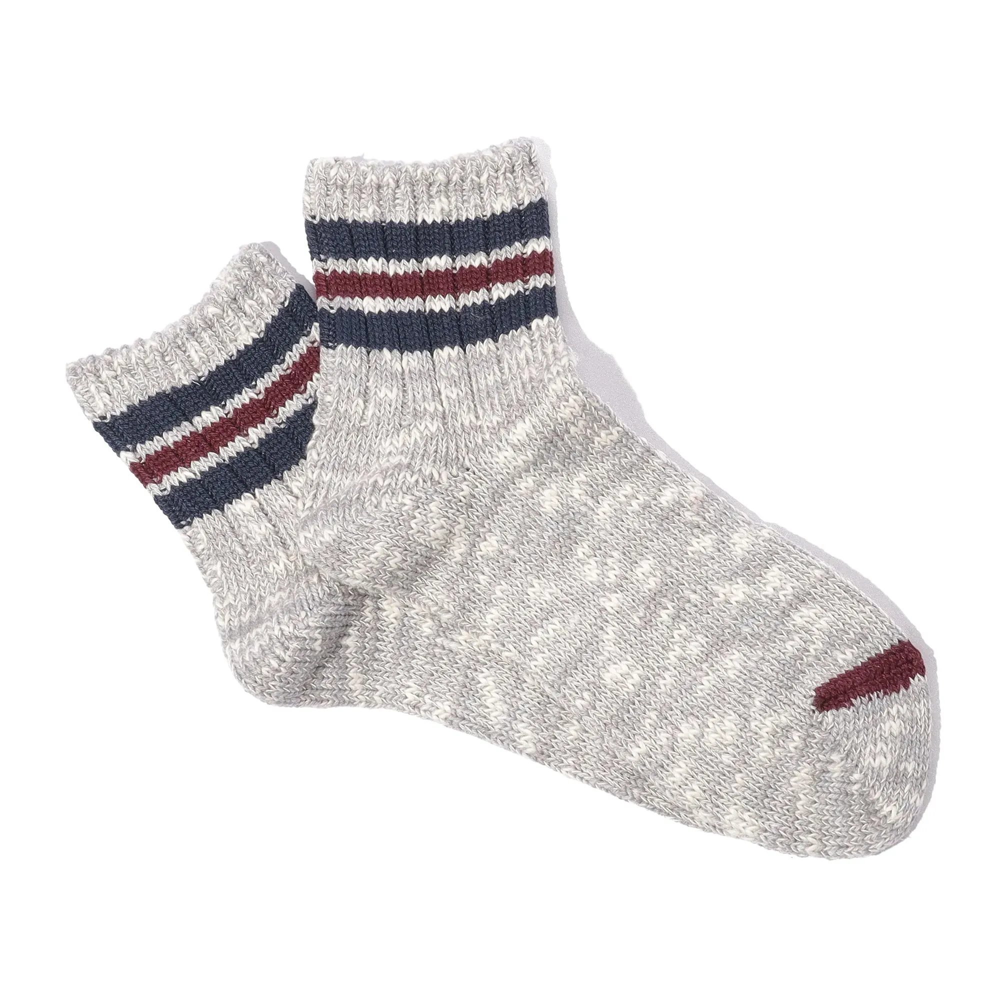 Anonymous Ism Grey Navy Burgundy 3 Line Slub Cotton Blend Ankle Socks