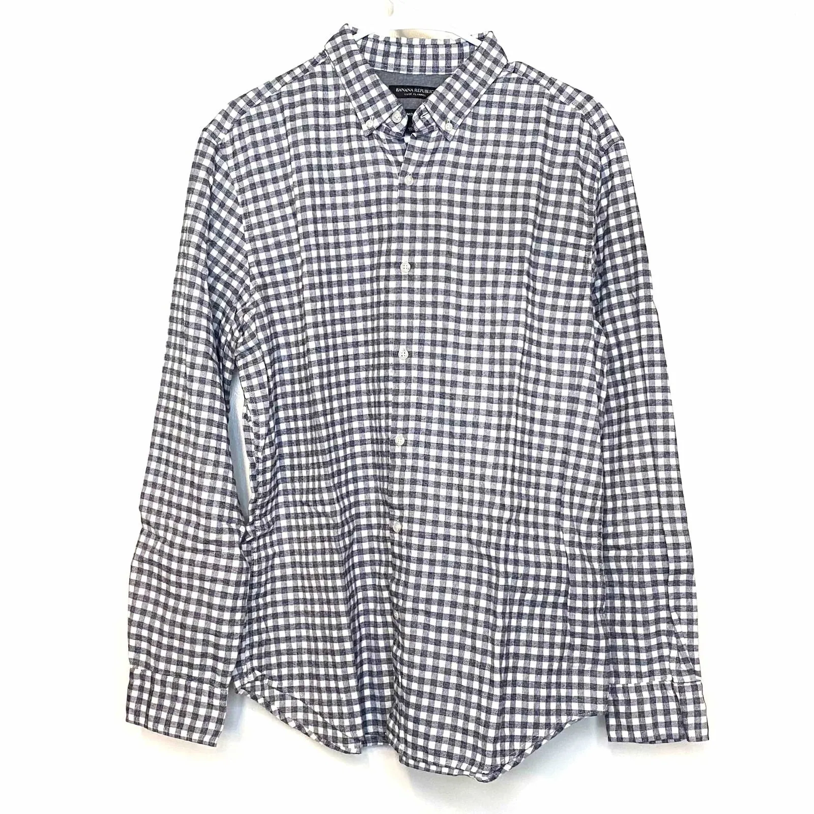 Banana Republic Mens Size L “Camden Fit” Luxe Flannel Shirt Gray White Box Check L/s