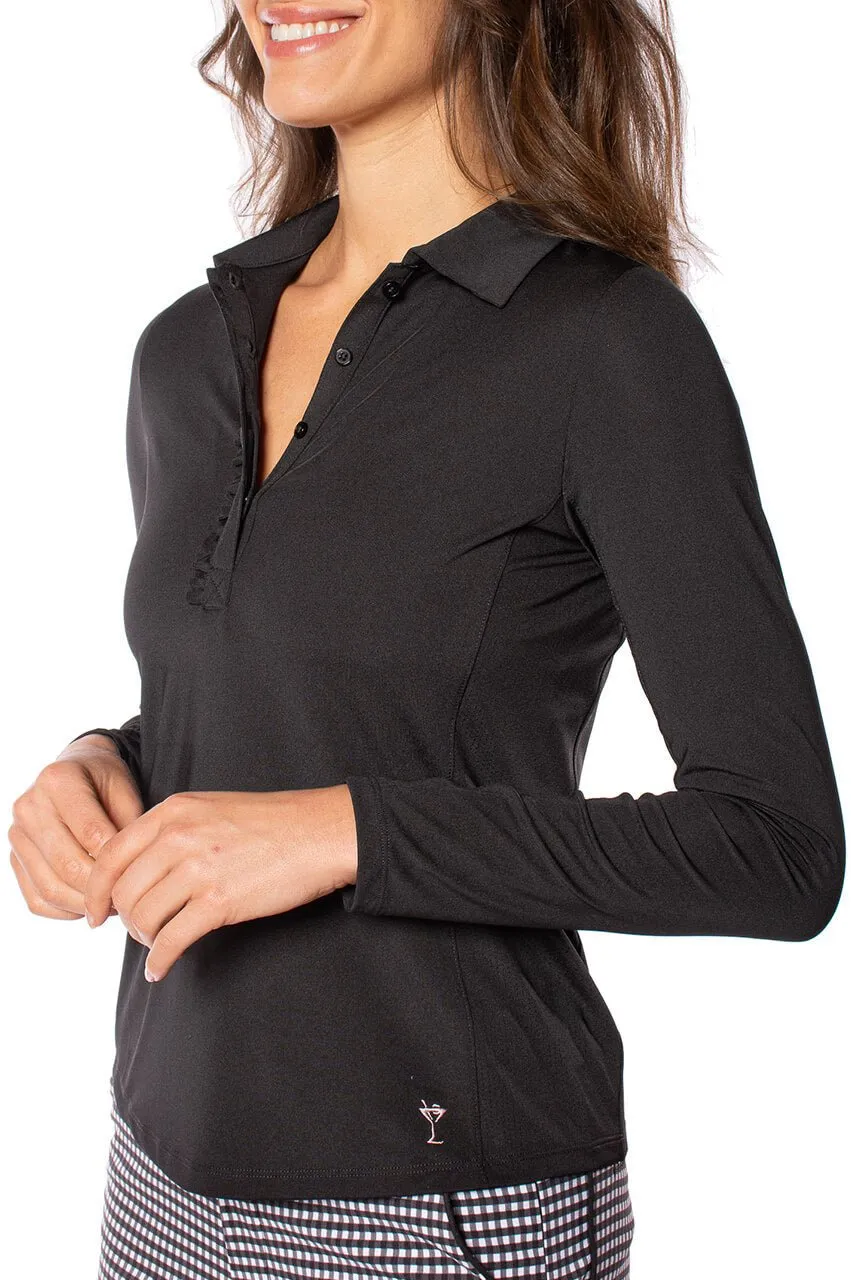 Black Long Sleeve Ruffle Polo