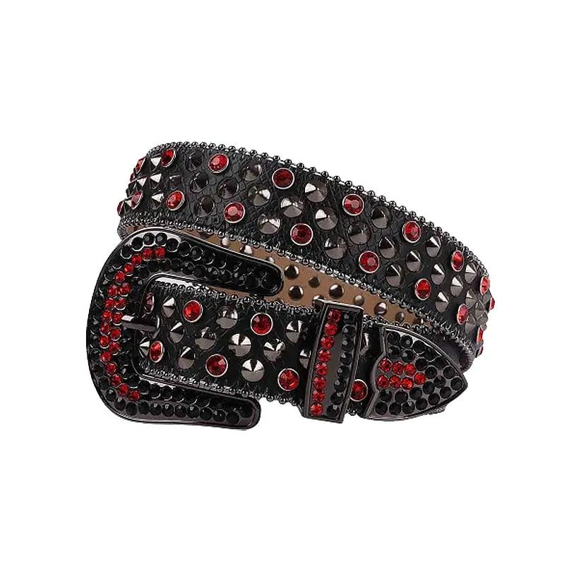 Black Strap With Rivet & Red Studded Rhinestone Belt