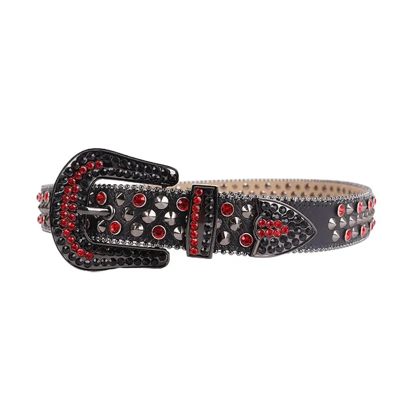 Black Strap With Rivet & Red Studded Rhinestone Belt