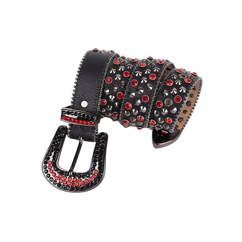 Black Strap With Rivet & Red Studded Rhinestone Belt