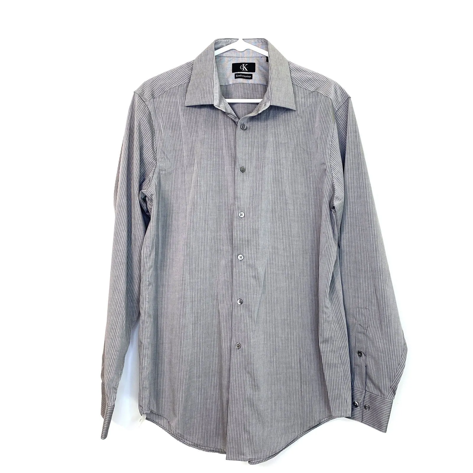 Calvin Klein Mens Size L Gray Pinstriped Button Up Dress Shirt