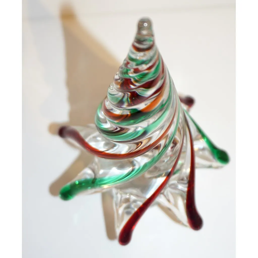 Cenedese 1980 Italian Modern Green Red Clear Twisted Murano Glass Tree Sculpture