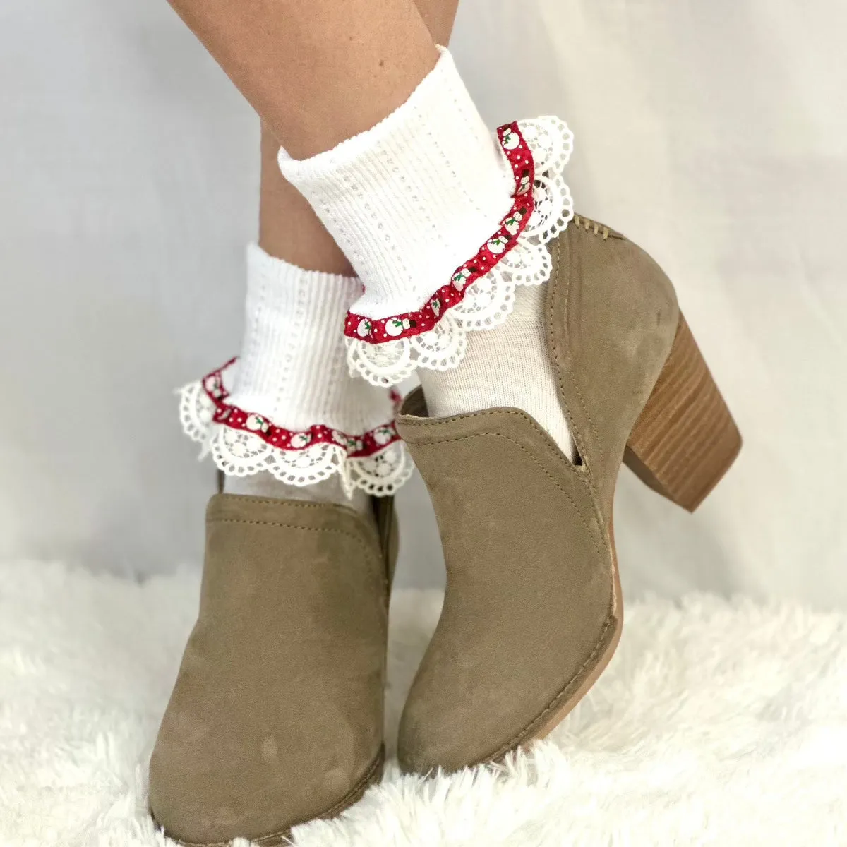 FROSTY snowman lace socks - red