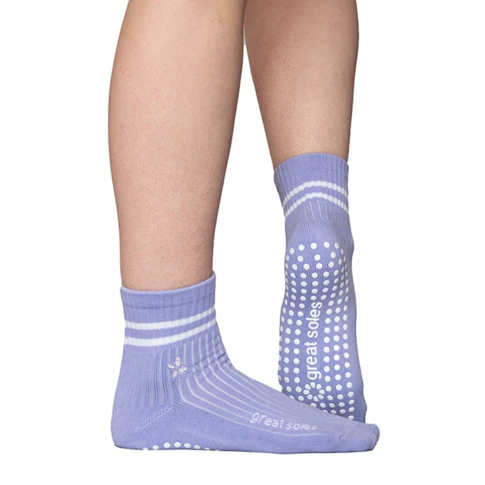 Greer Crew Grip Sock - Lilac White Flower Embroidery- (Barre / Pilates)