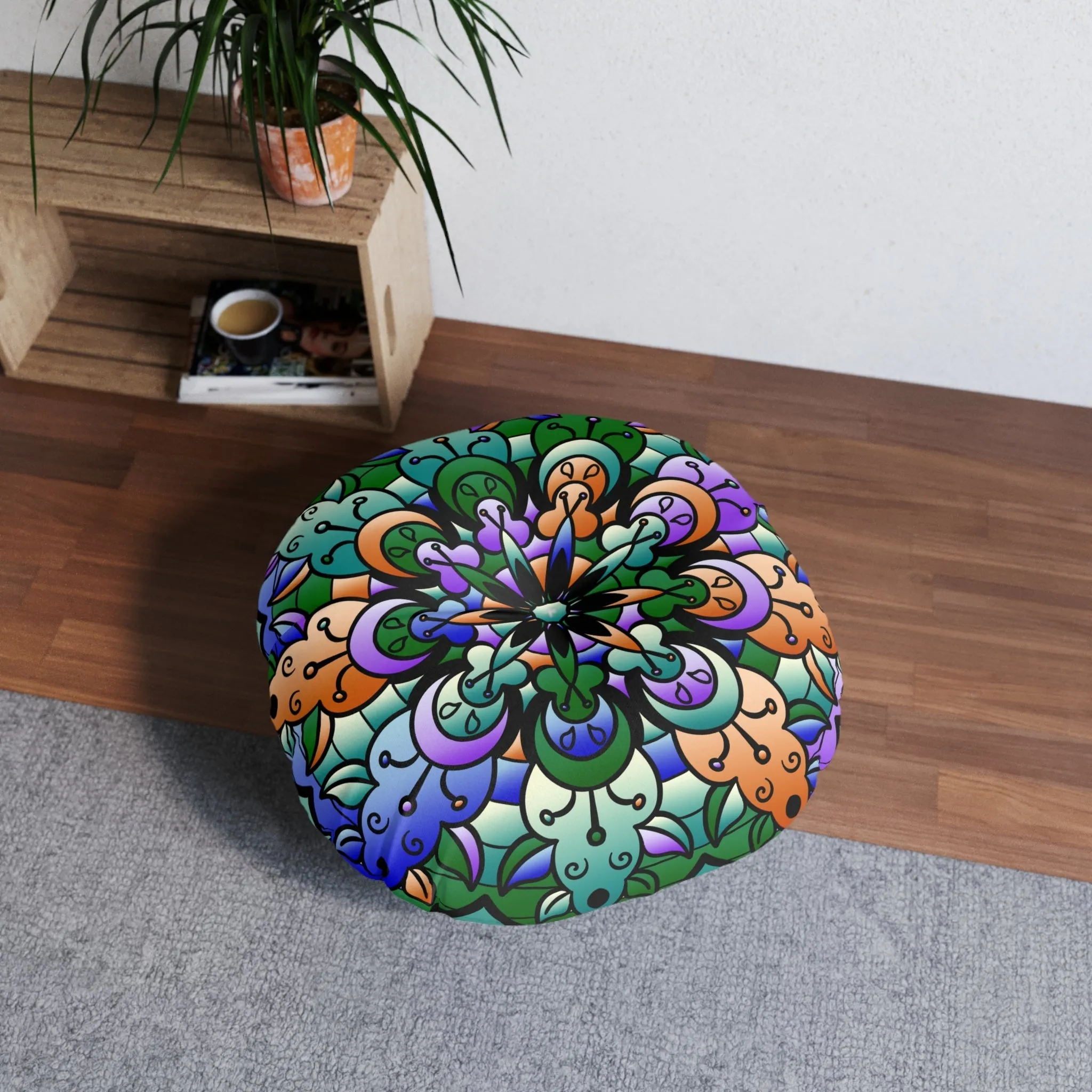 Hand Drawn Mandala Art Design Floor Cushion - Beautiful Colors on Dark Blue Background