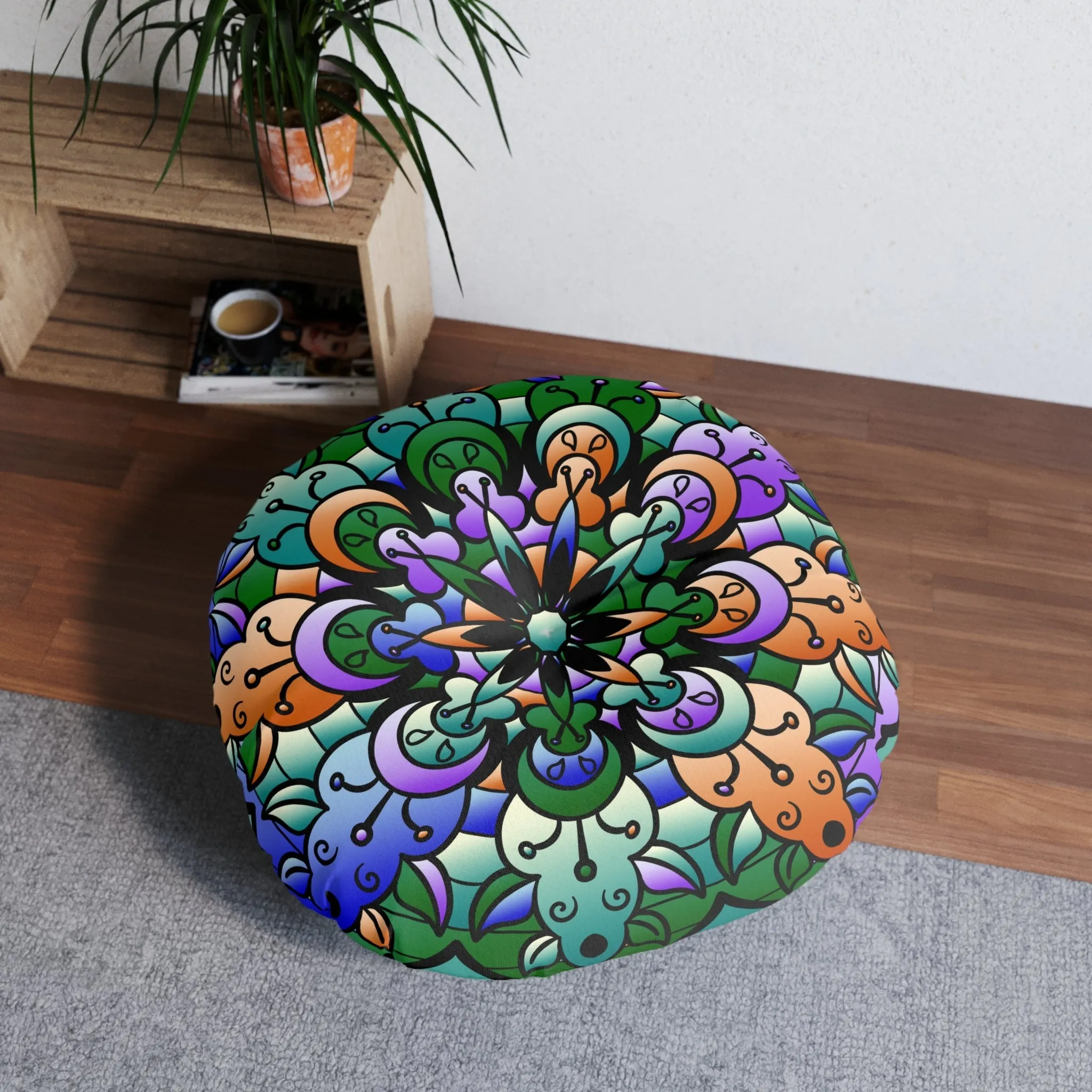 Hand Drawn Mandala Art Design Floor Cushion - Beautiful Colors on Dark Blue Background