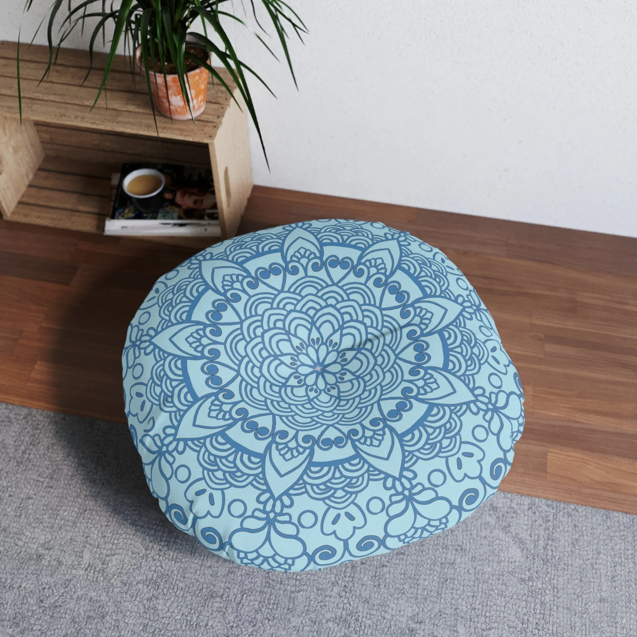 Handmade Mandala Art Floor Cushion - Steel Blue - Round