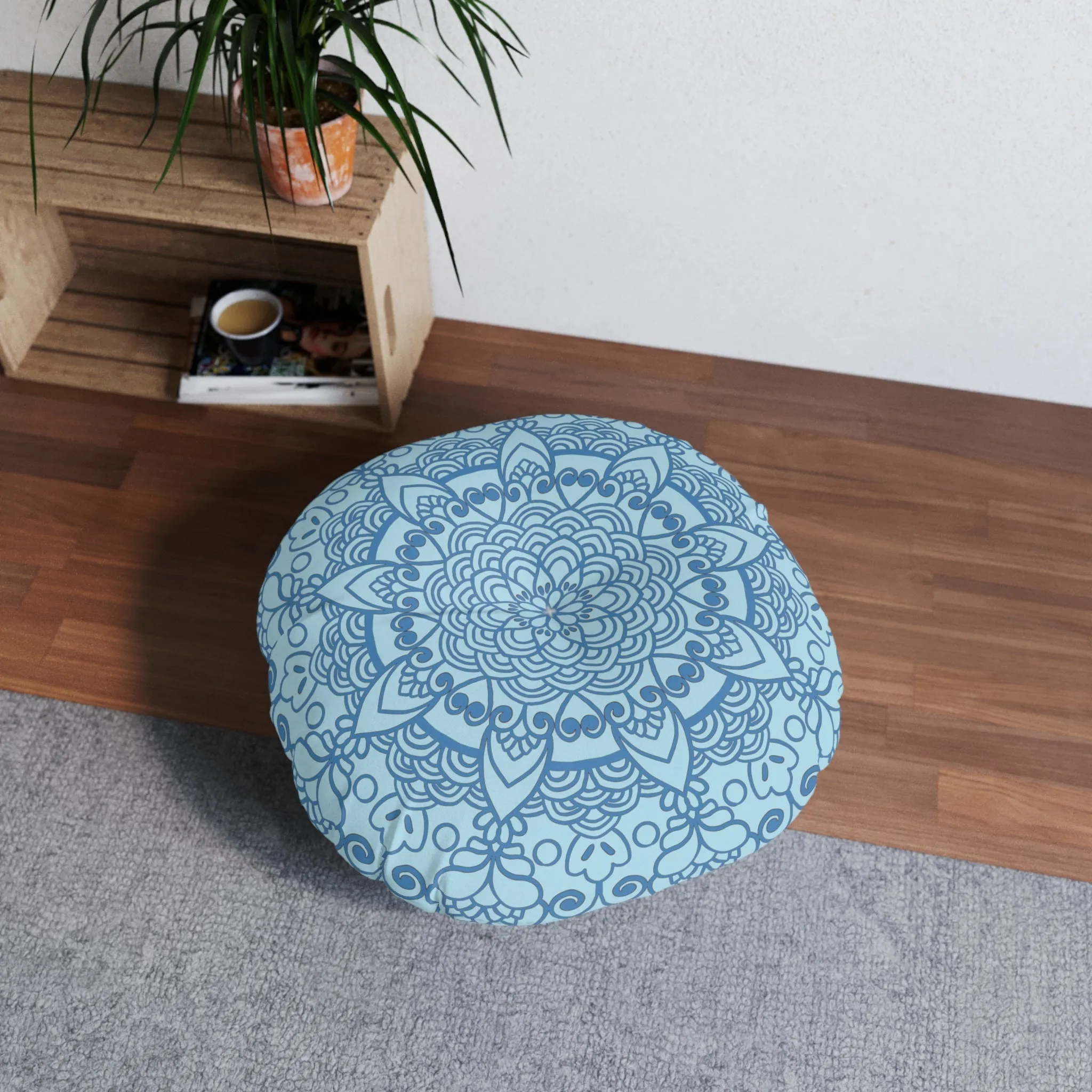 Handmade Mandala Art Floor Cushion - Steel Blue - Round