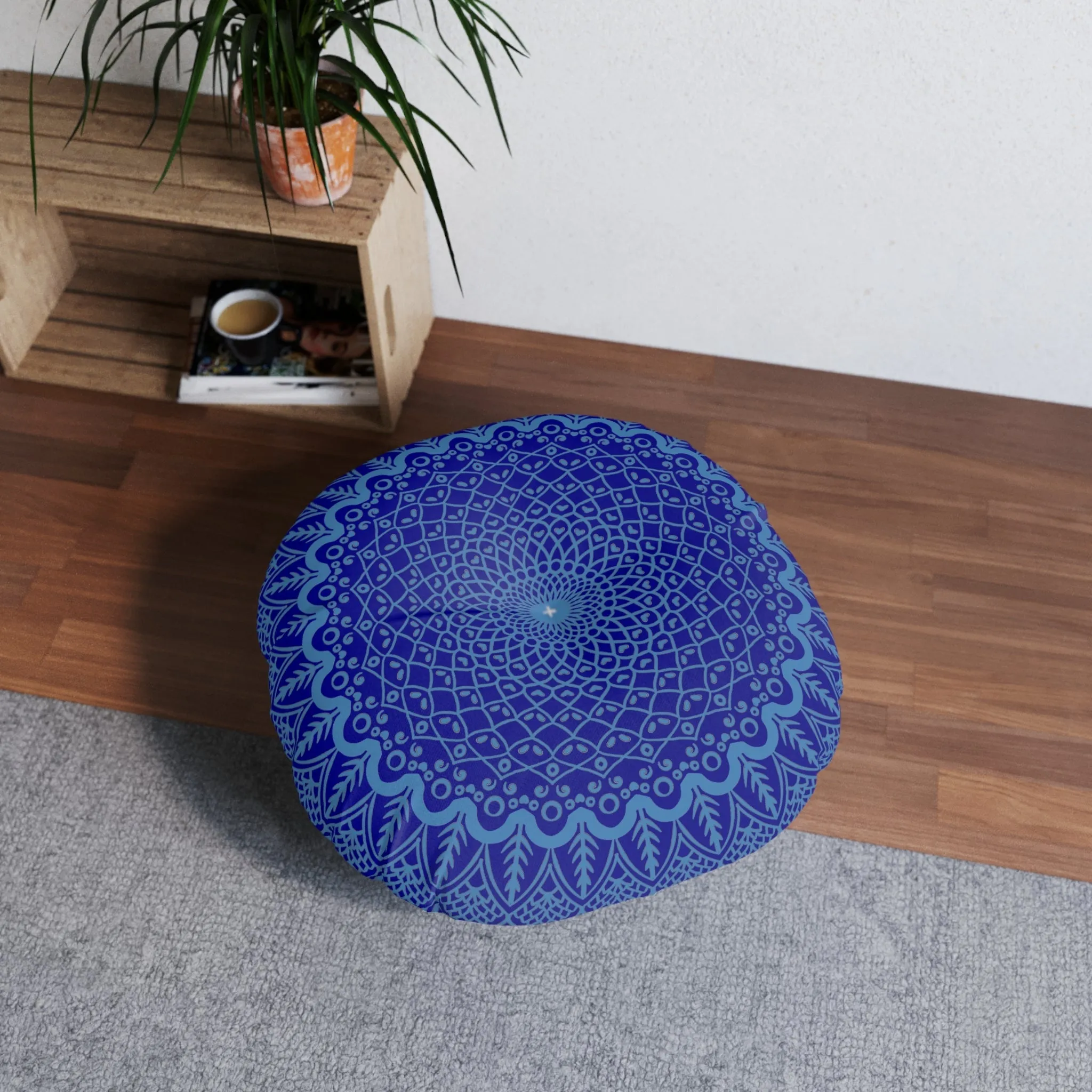 Handmade Mandala Art Steel Blue Floor Cushion - Tufted Round Pillow