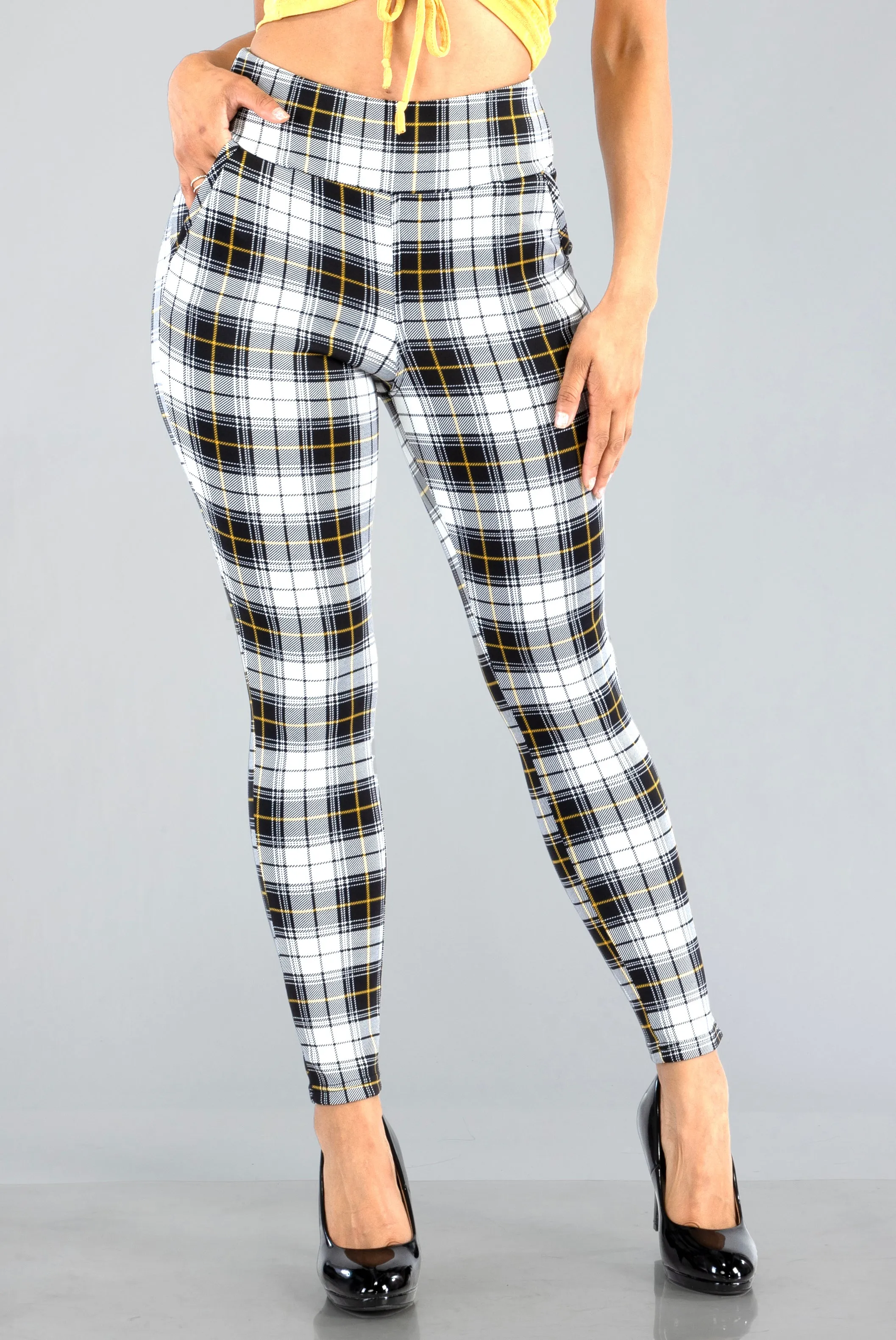 High Waist Sculpting Treggings With Front Pockets - Black, White, Mustard Plaid