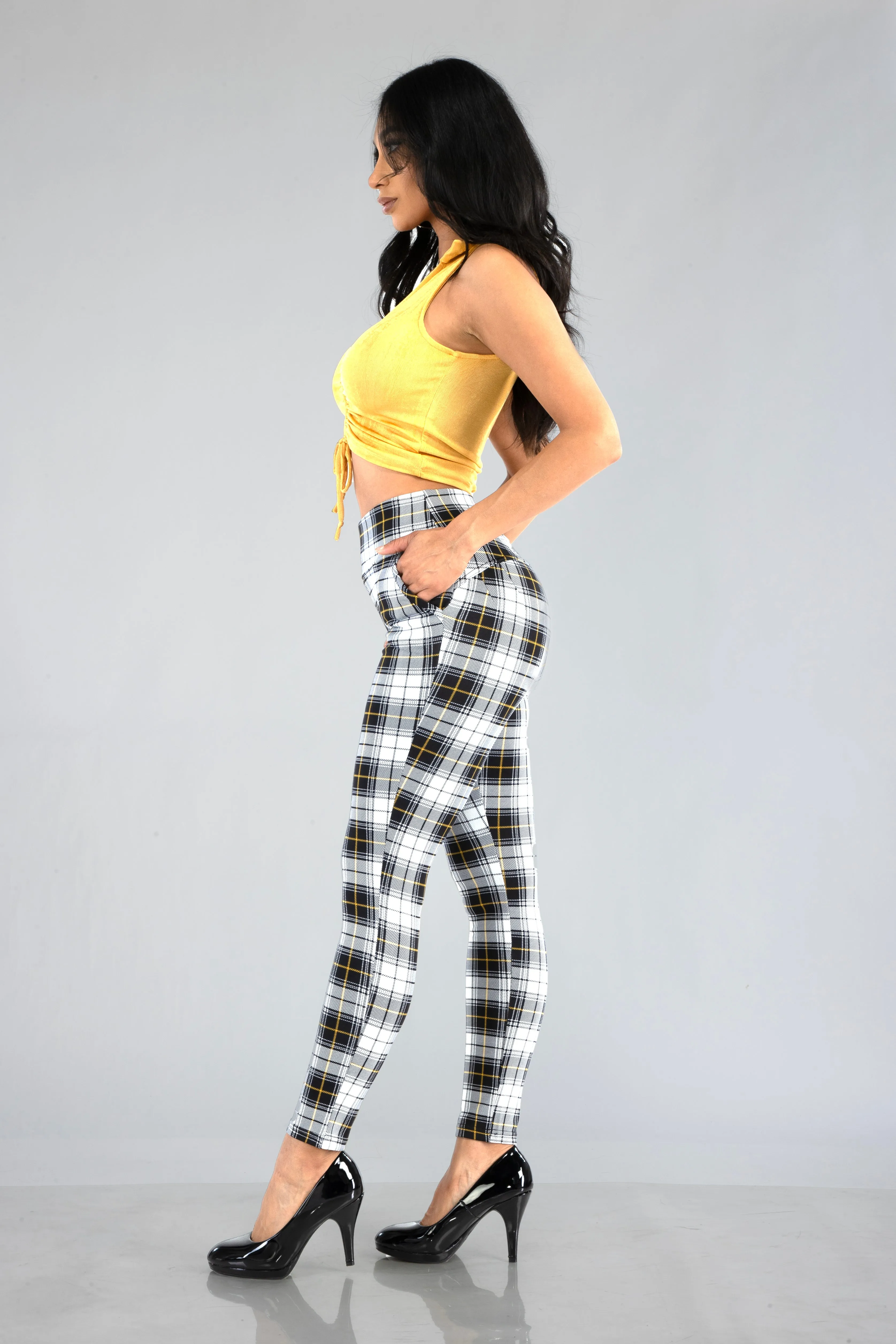 High Waist Sculpting Treggings With Front Pockets - Black, White, Mustard Plaid