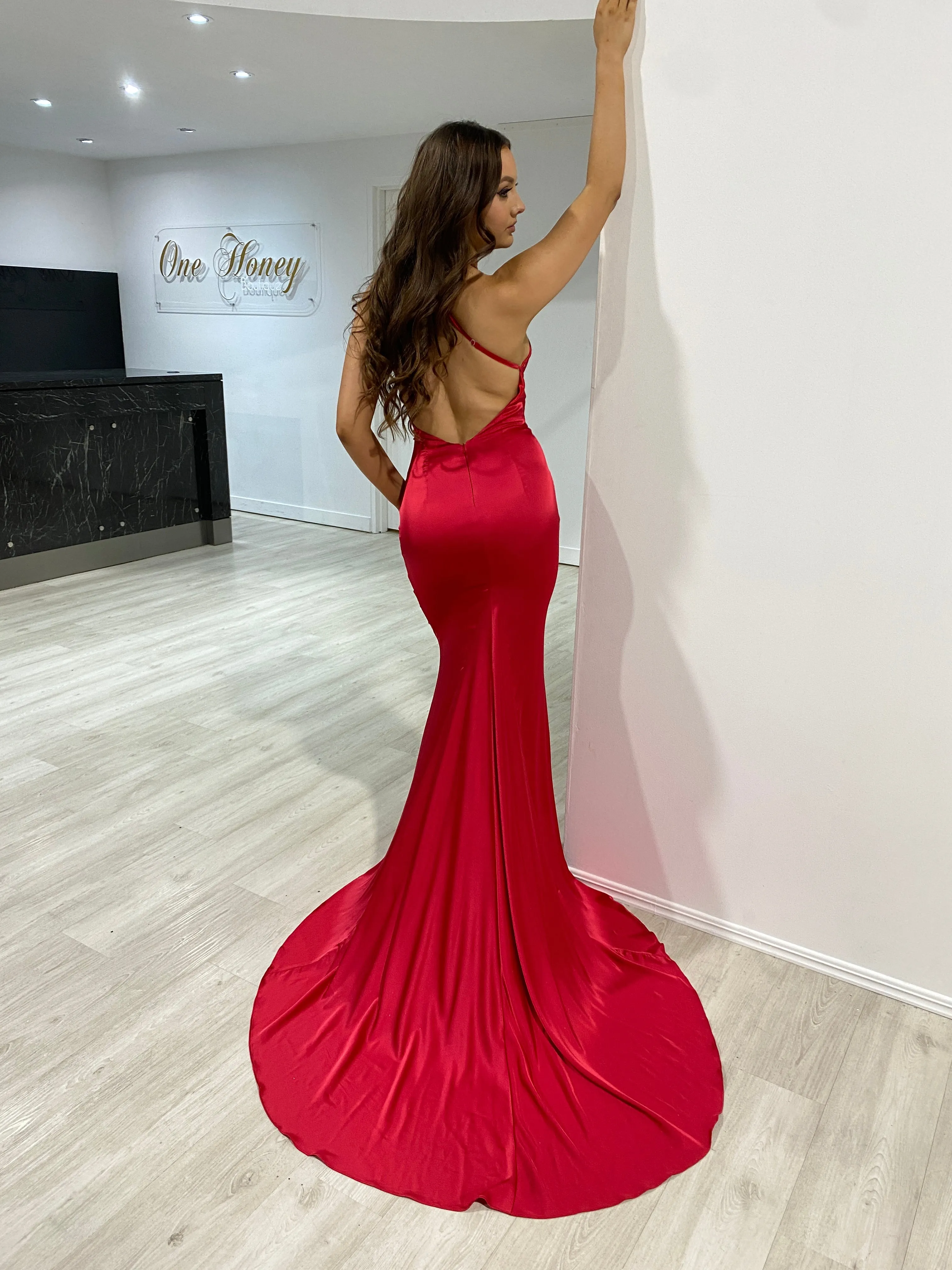 Honey Couture CANDICE Silky Low Back Mermaid Formal Dress