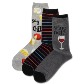 HOTSOX Women's Wine And Cheese 3 Pack Crew Socks