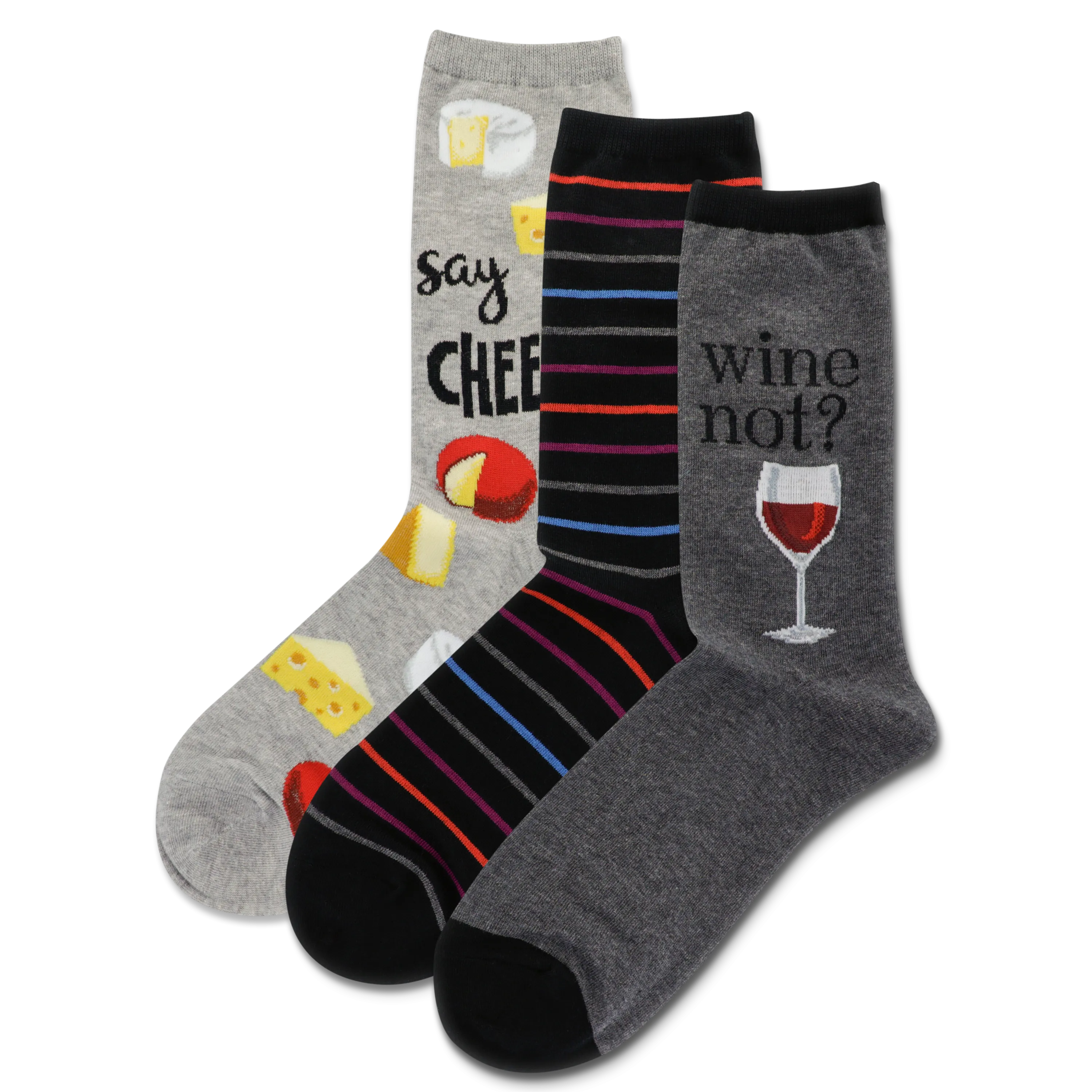 HOTSOX Women's Wine And Cheese 3 Pack Crew Socks