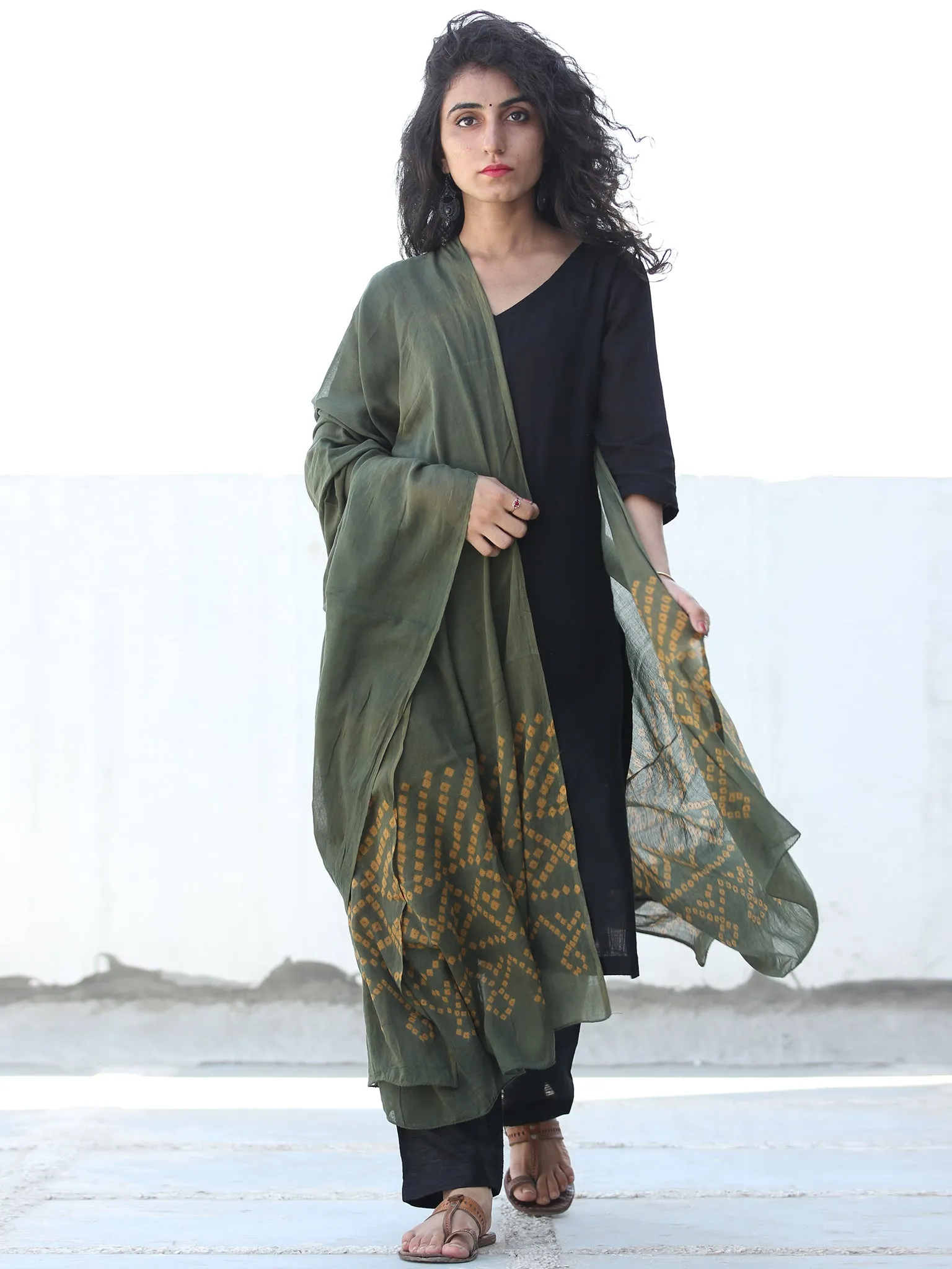 Hunter Green Mustard Cotton Hand Block Printed Dupatta  - D04170452