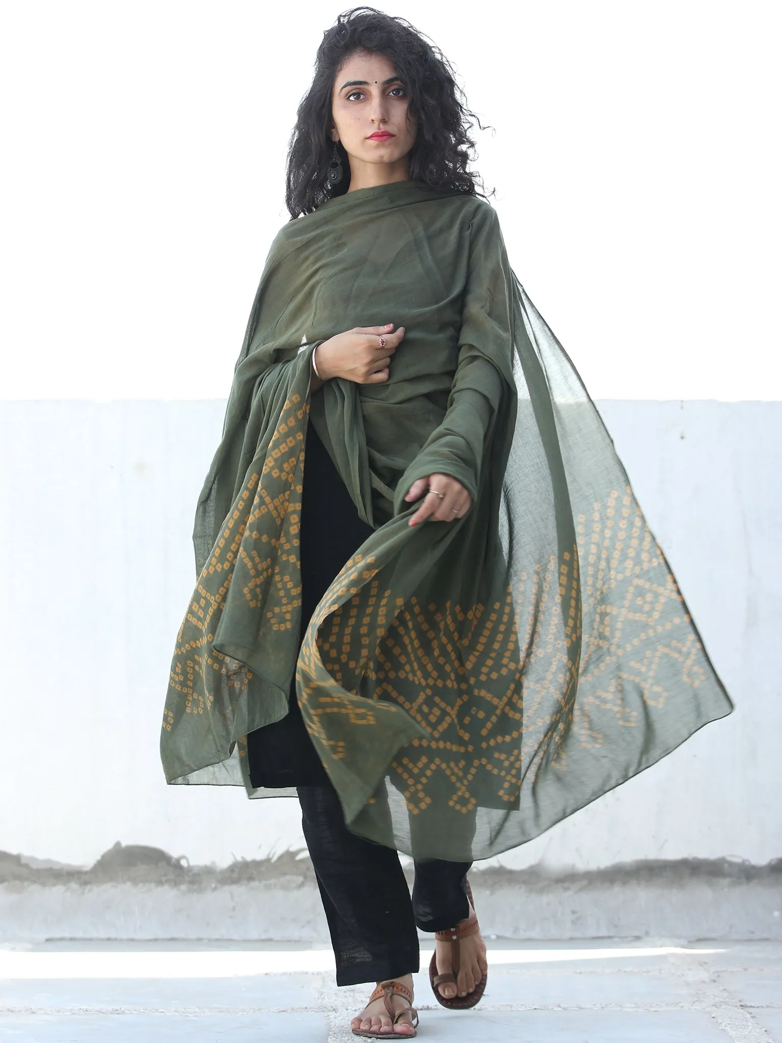 Hunter Green Mustard Cotton Hand Block Printed Dupatta  - D04170452