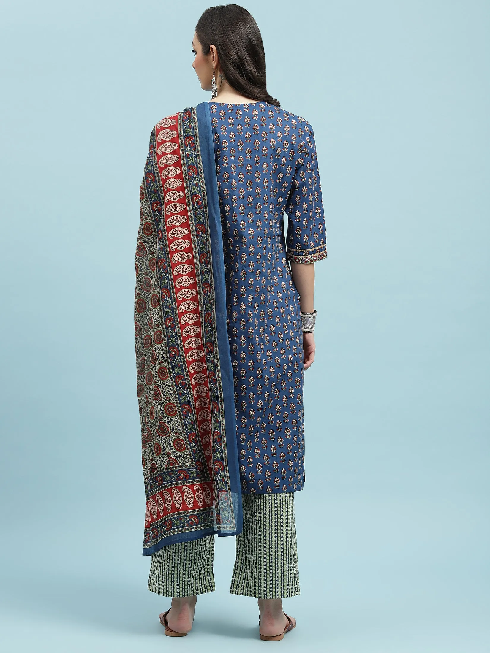 Indiessence Blue Floral Printed Kurta Comfort Pant Dupatta