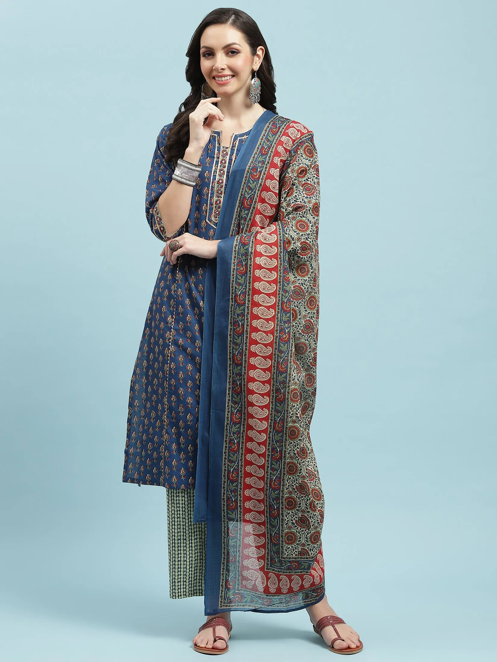 Indiessence Blue Floral Printed Kurta Comfort Pant Dupatta