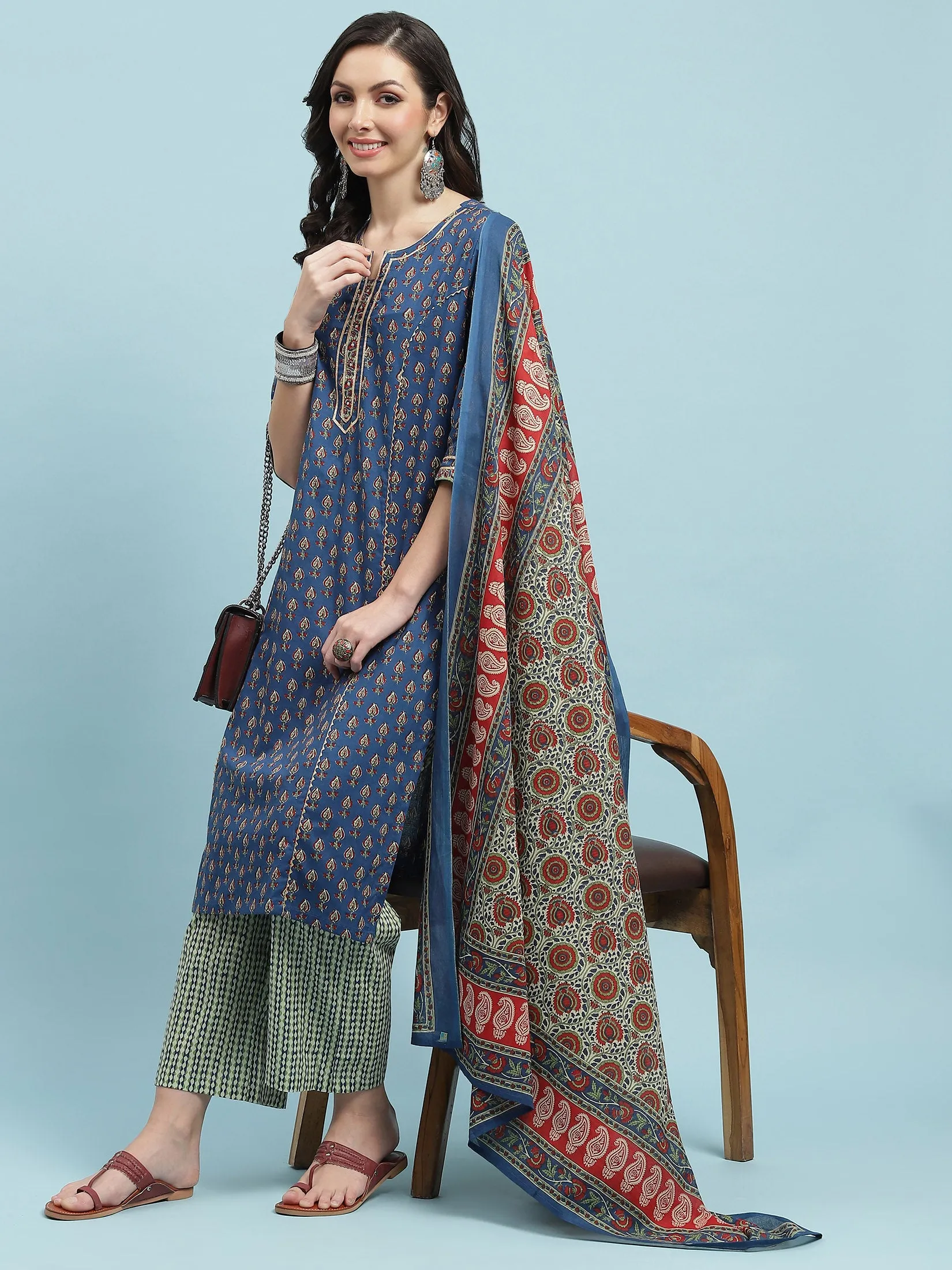 Indiessence Blue Floral Printed Kurta Comfort Pant Dupatta