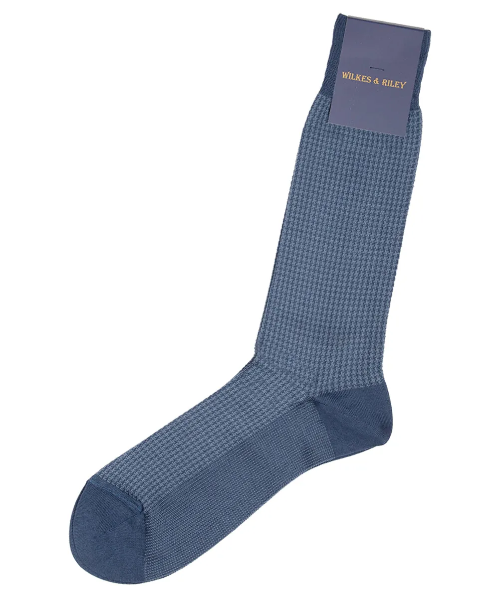 Light Blue Houndstooth Egyptian Cotton - Mid Calf Sock