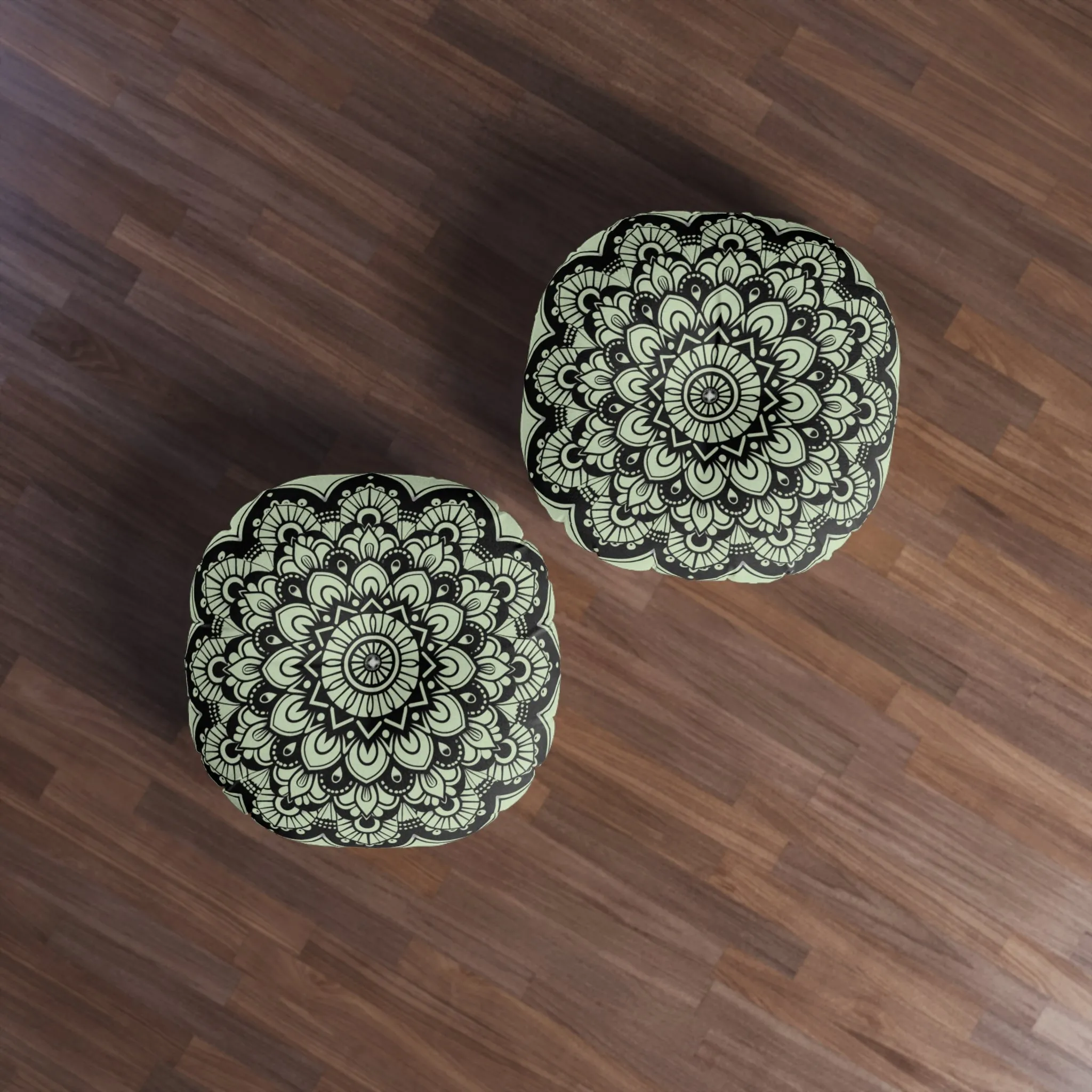 Light Teal Mandala Art Floor Cushion - Tufted Round Pillow