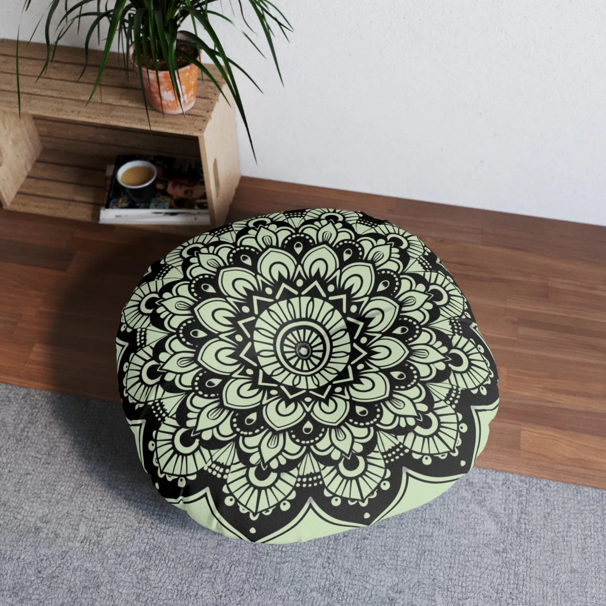 Light Teal Mandala Art Floor Cushion - Tufted Round Pillow