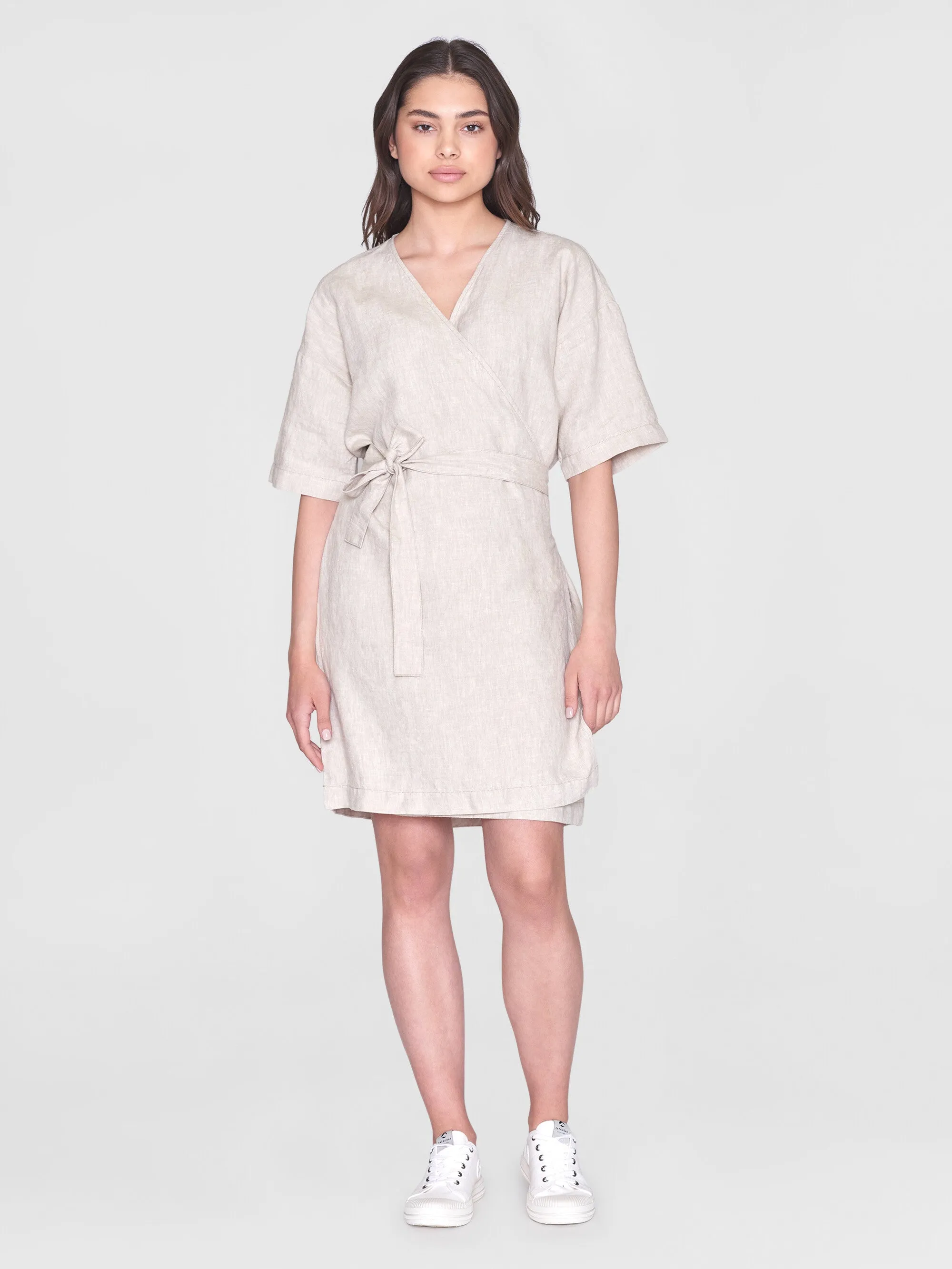 Linen short sleeved wrap dress - GOTS/Vegan - Light feather gray