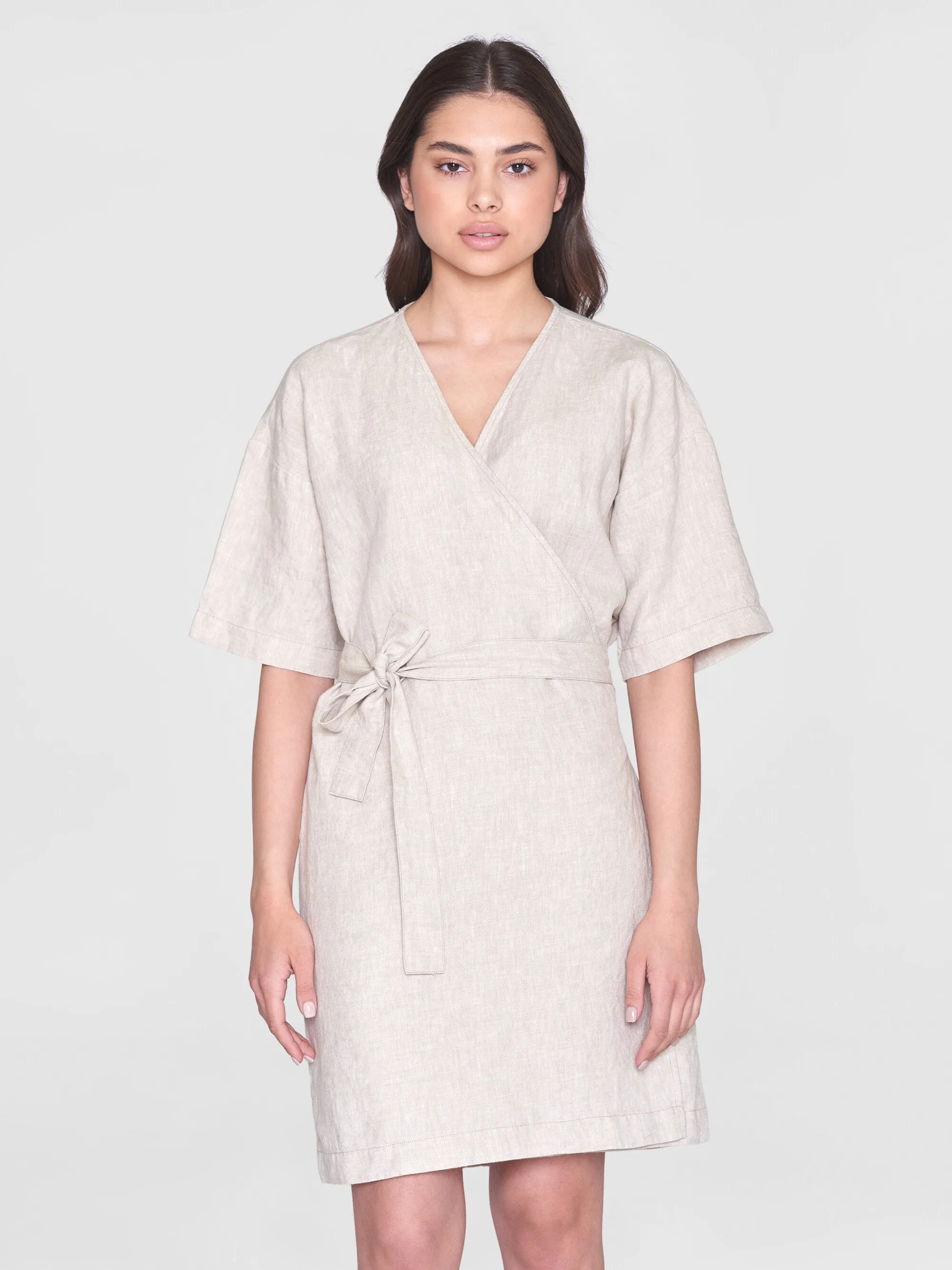 Linen short sleeved wrap dress - GOTS/Vegan - Light feather gray