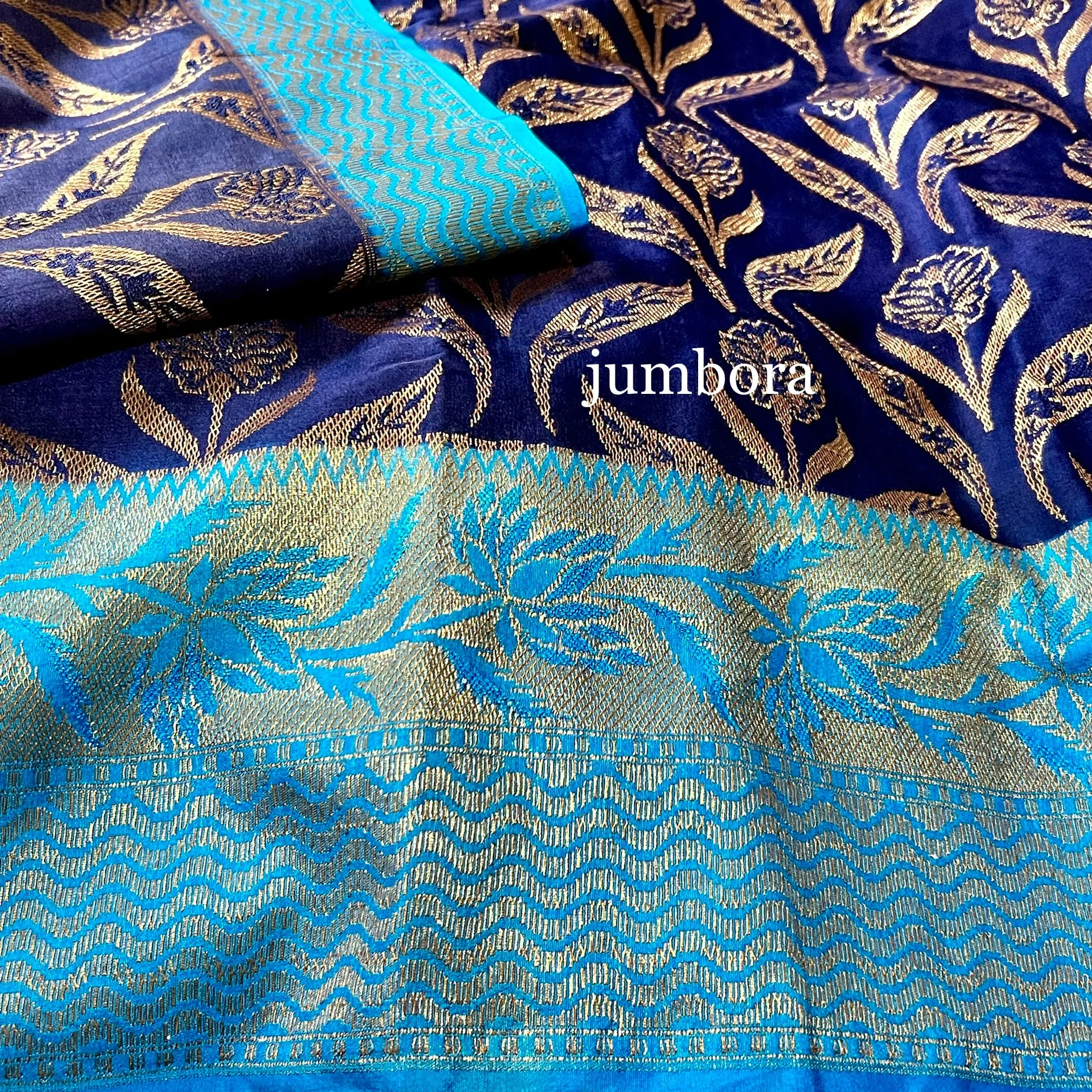 Navy Blue with light Blue Banarasi Dupion Saree with stitched blouse