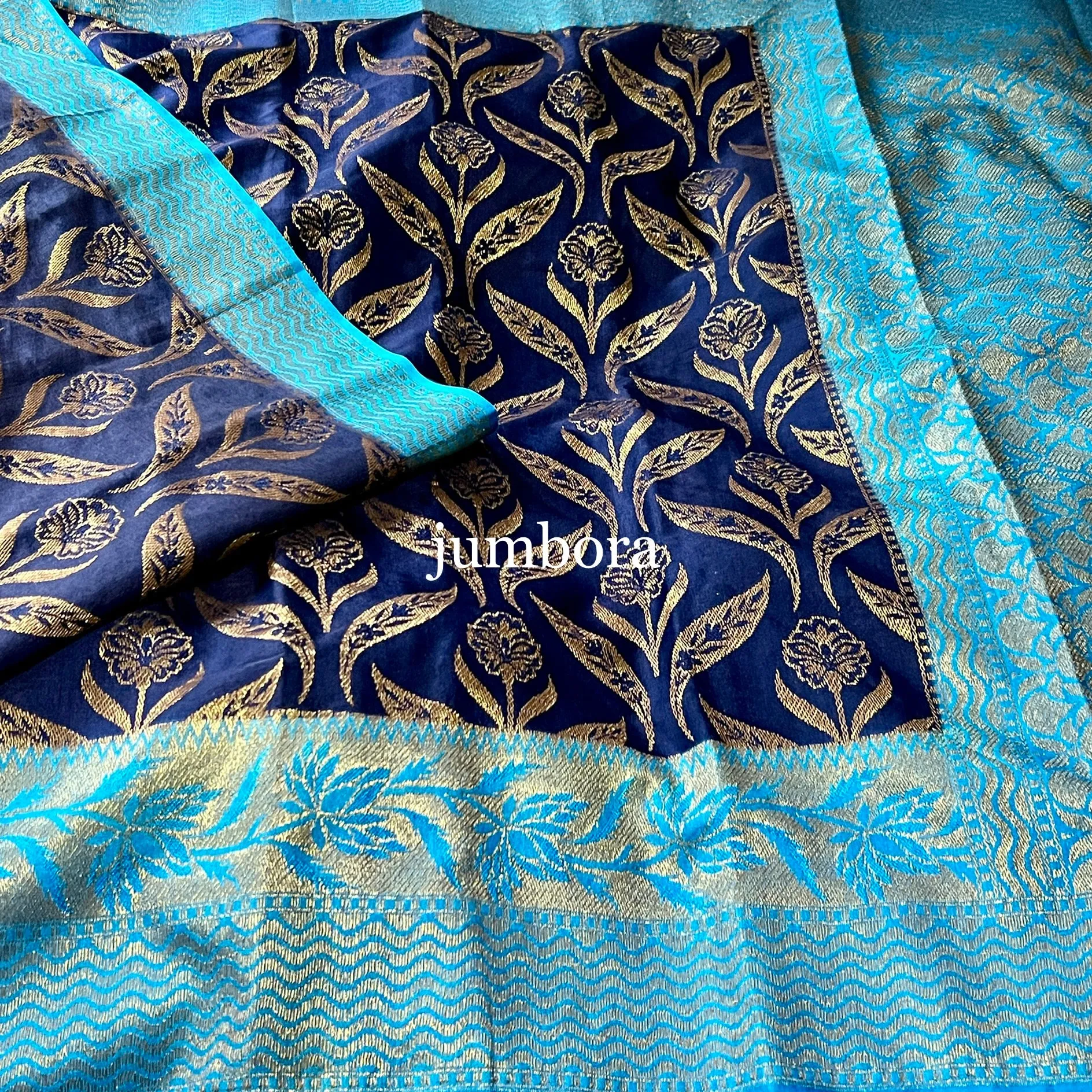 Navy Blue with light Blue Banarasi Dupion Saree with stitched blouse