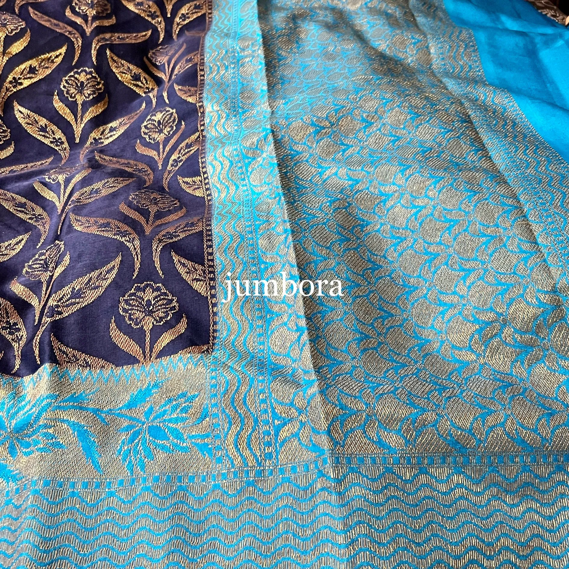 Navy Blue with light Blue Banarasi Dupion Saree with stitched blouse