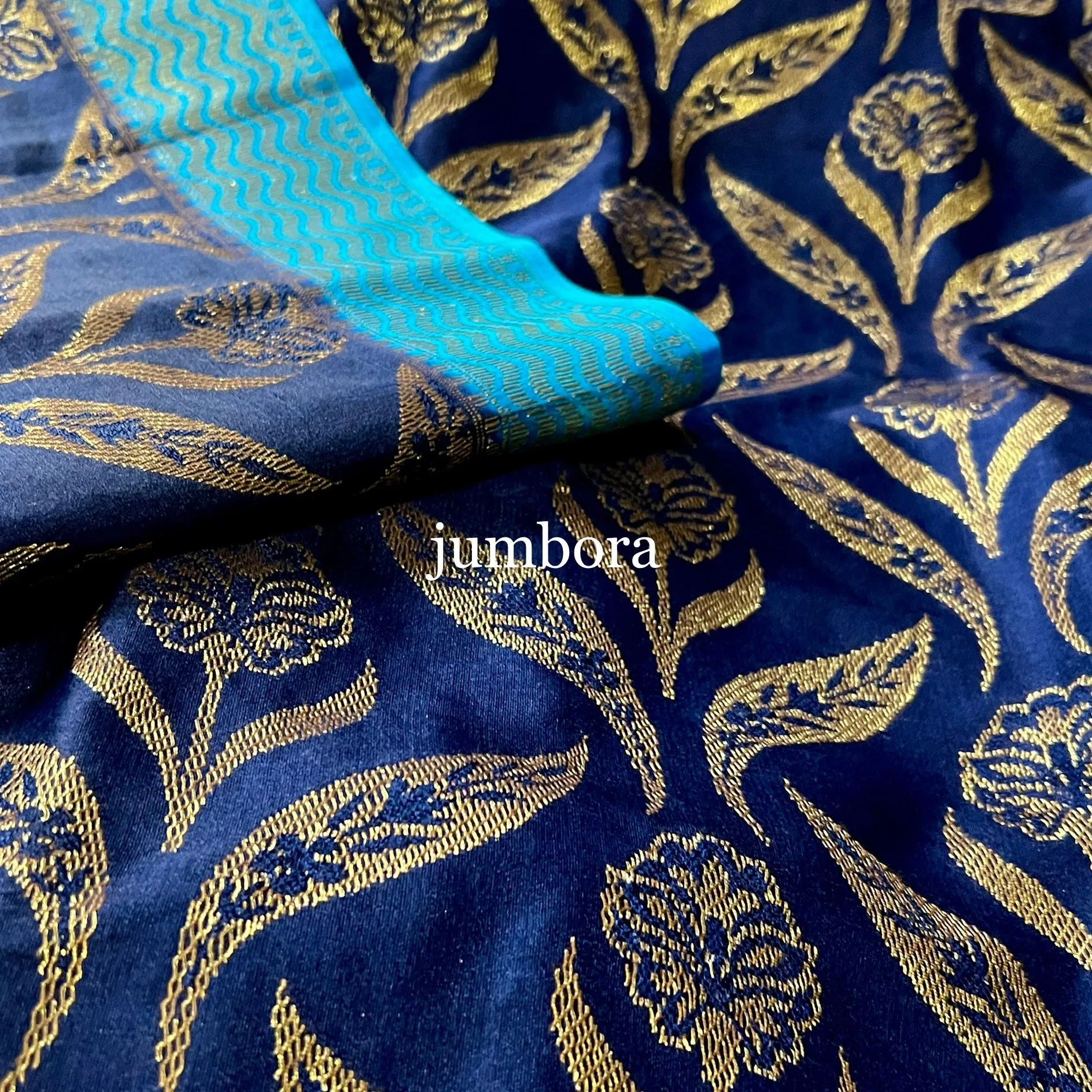 Navy Blue with light Blue Banarasi Dupion Saree with stitched blouse