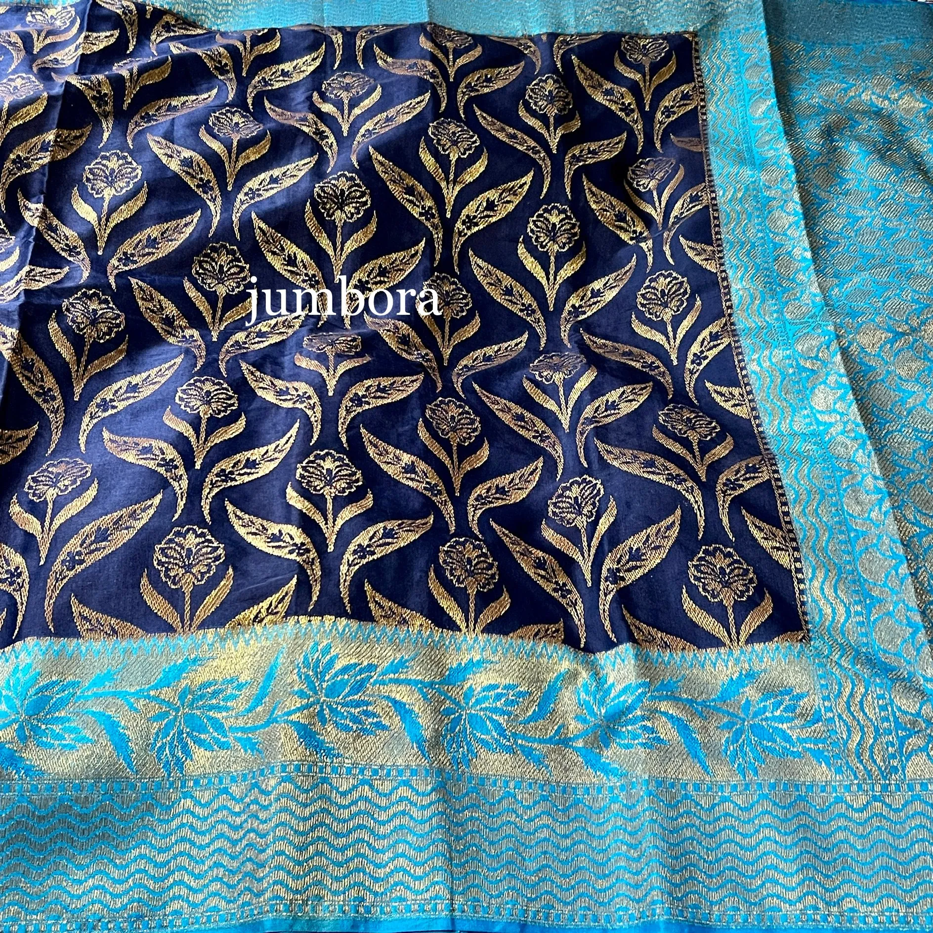 Navy Blue with light Blue Banarasi Dupion Saree with stitched blouse