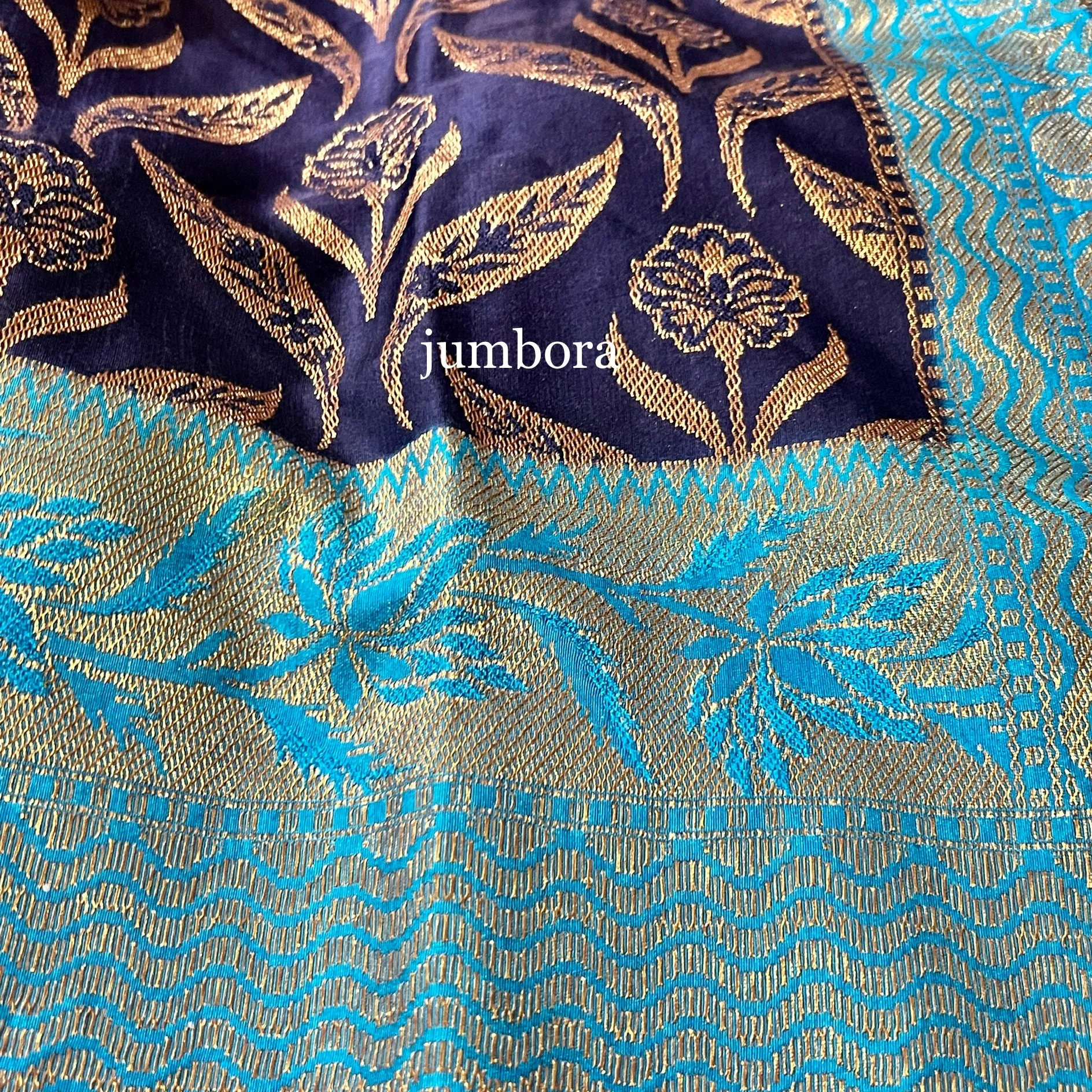 Navy Blue with light Blue Banarasi Dupion Saree with stitched blouse