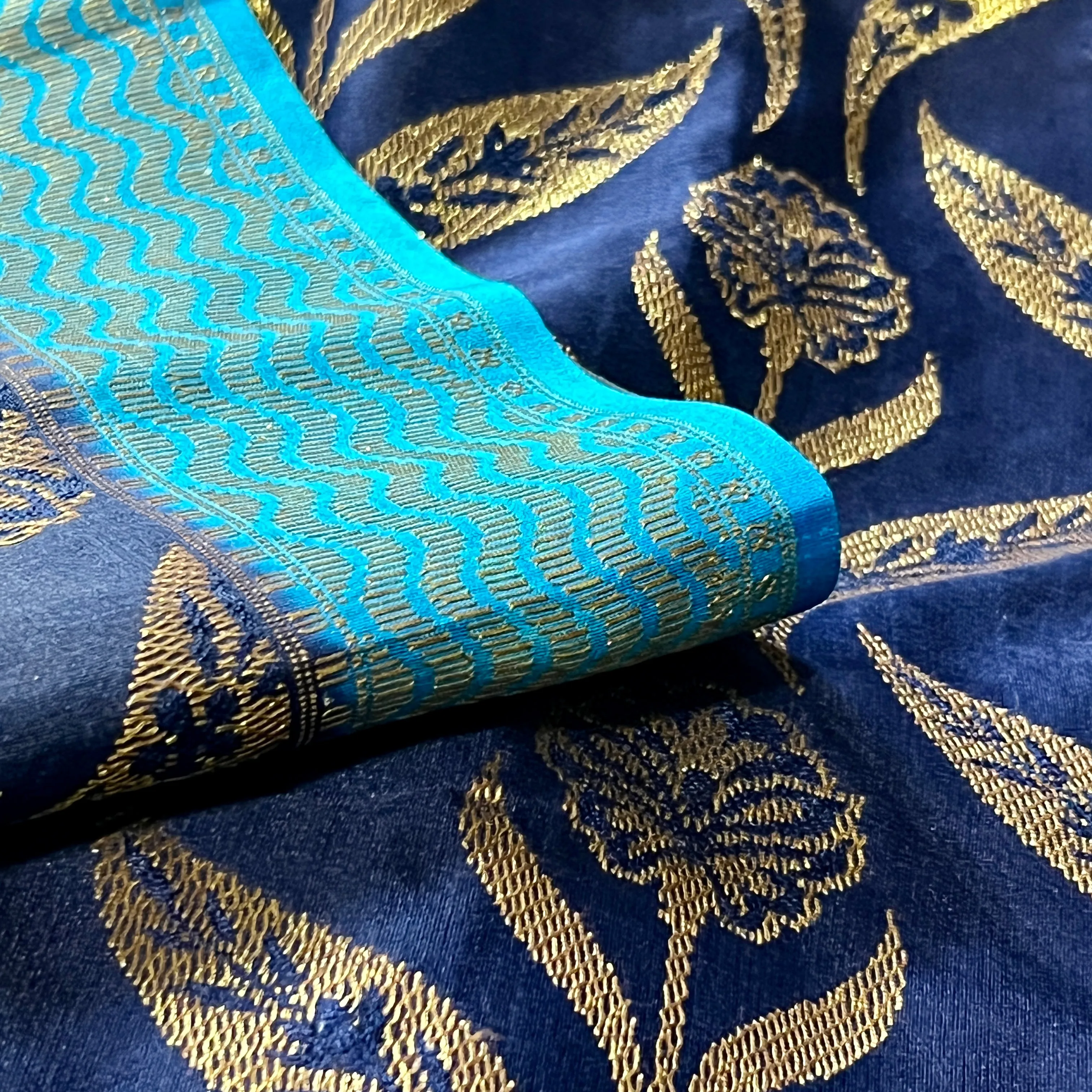 Navy Blue with light Blue Banarasi Dupion Saree with stitched blouse