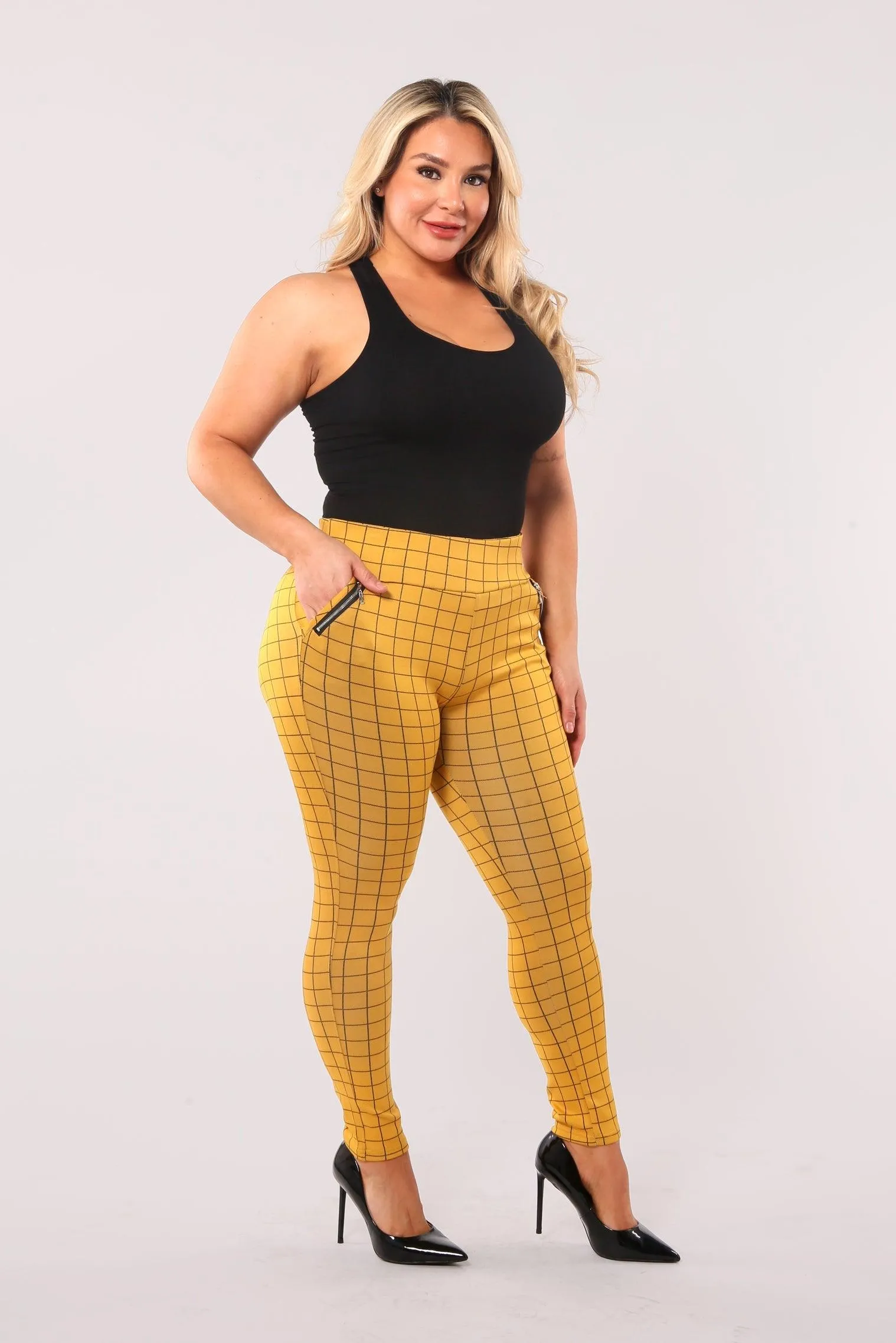 Plus Size Treggings With Zipper Pocket Trim - Mustard & Black Plaid