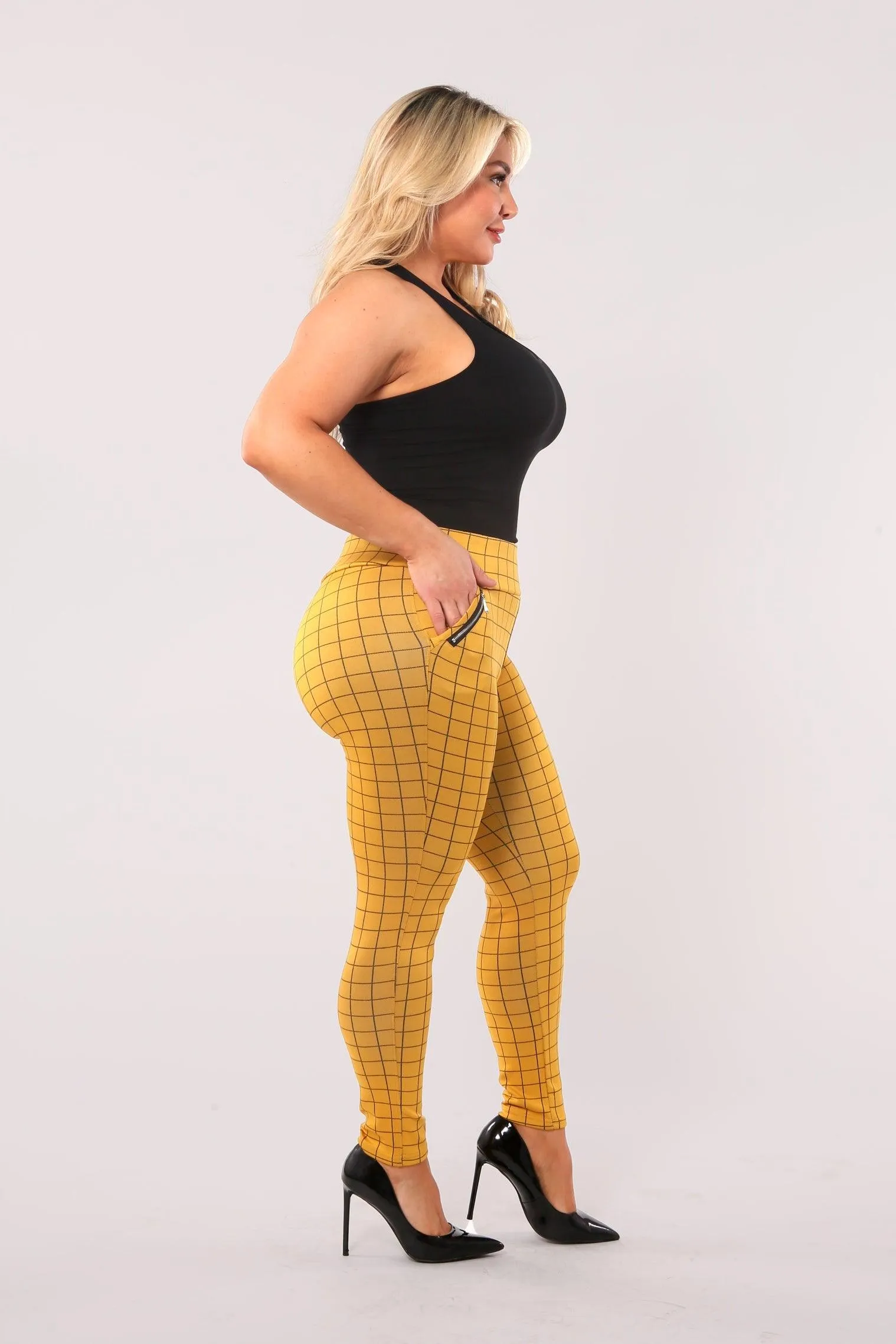 Plus Size Treggings With Zipper Pocket Trim - Mustard & Black Plaid