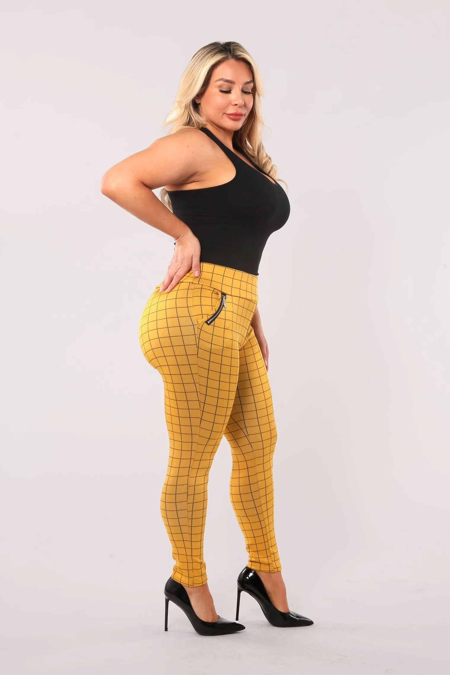 Plus Size Treggings With Zipper Pocket Trim - Mustard & Black Plaid