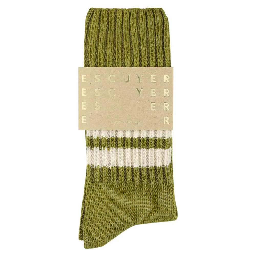 Stripes Crew Socks - Ecru Olive / Ecru