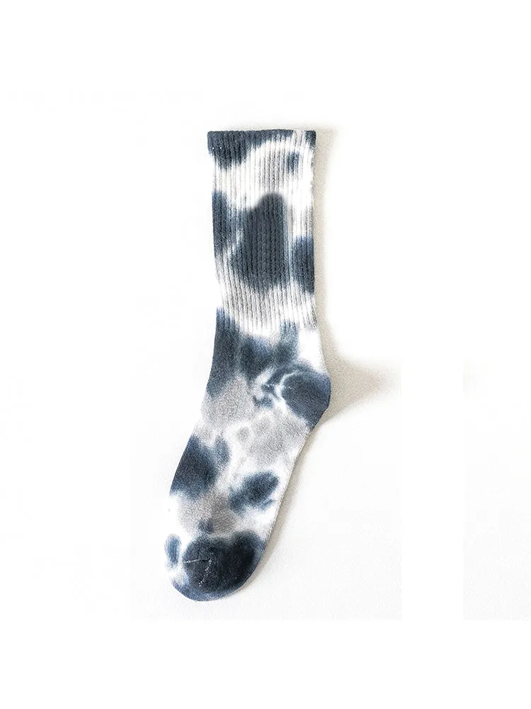 Three Pairs Tie-Dyed Cotton Socks Mid-Barrel Solid Color Street Skate Sock