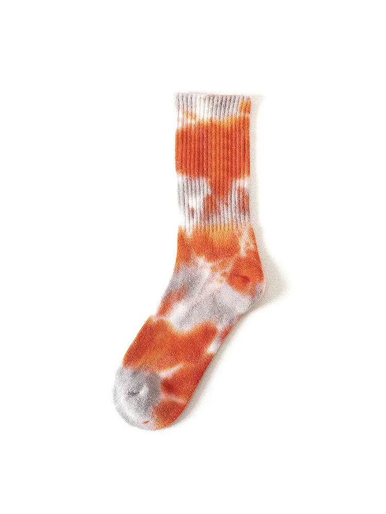 Three Pairs Tie-Dyed Cotton Socks Mid-Barrel Solid Color Street Skate Sock