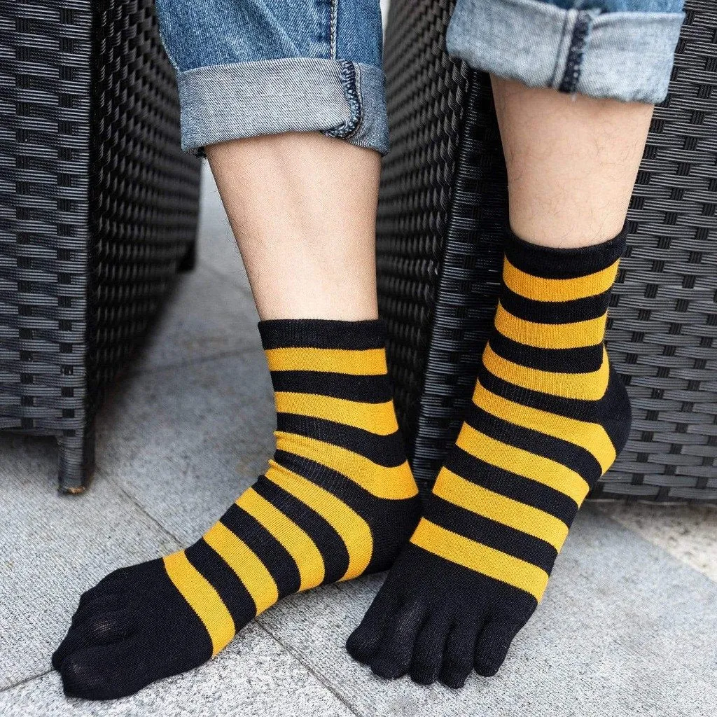 ZFSOCK Mixed Colors Striped Crew length 5 Finger Socks for Men, 5 Pairs